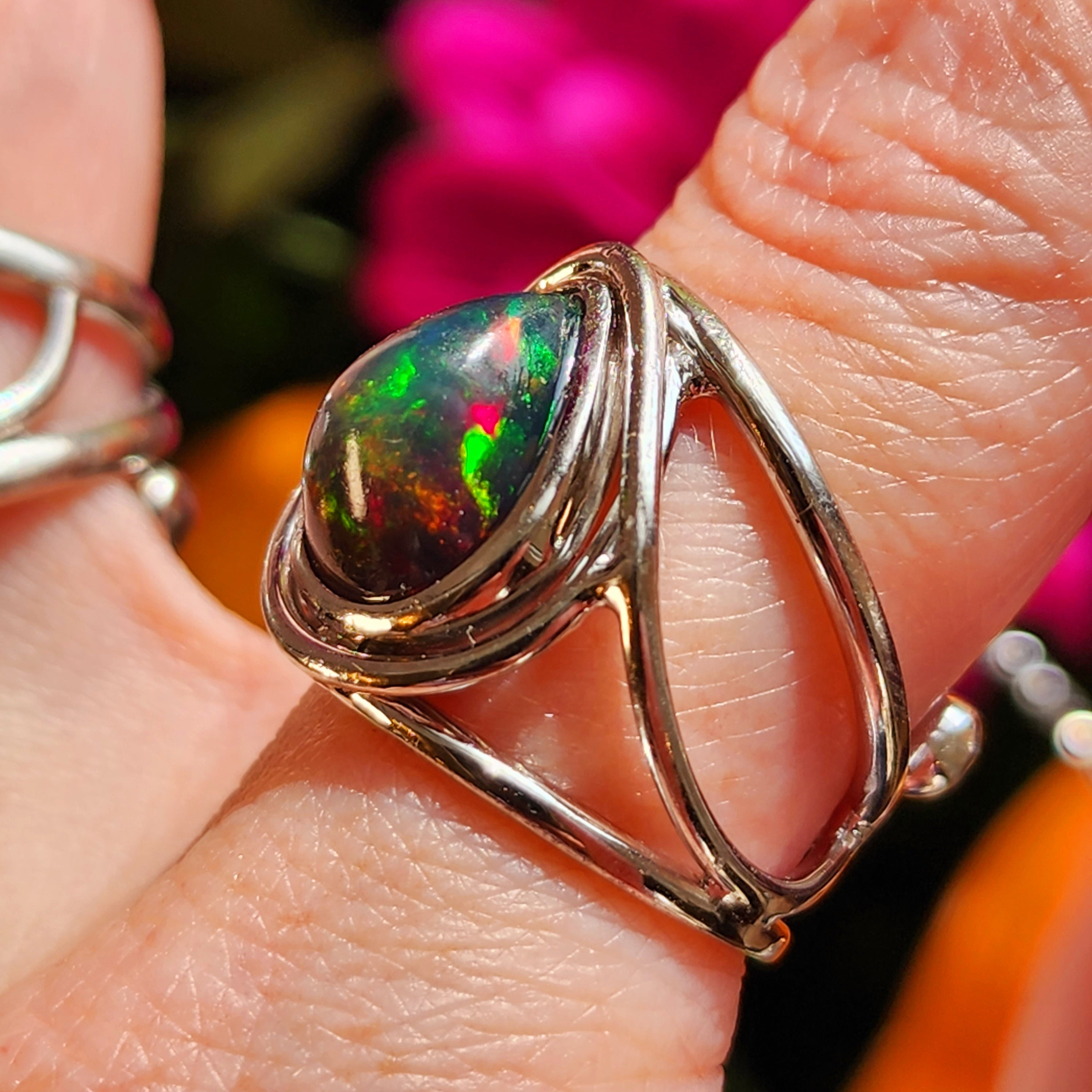 Black Precious Opal Finger Cuff Adjustable Ring .925 Silver for Good Luck, Protection and Joy