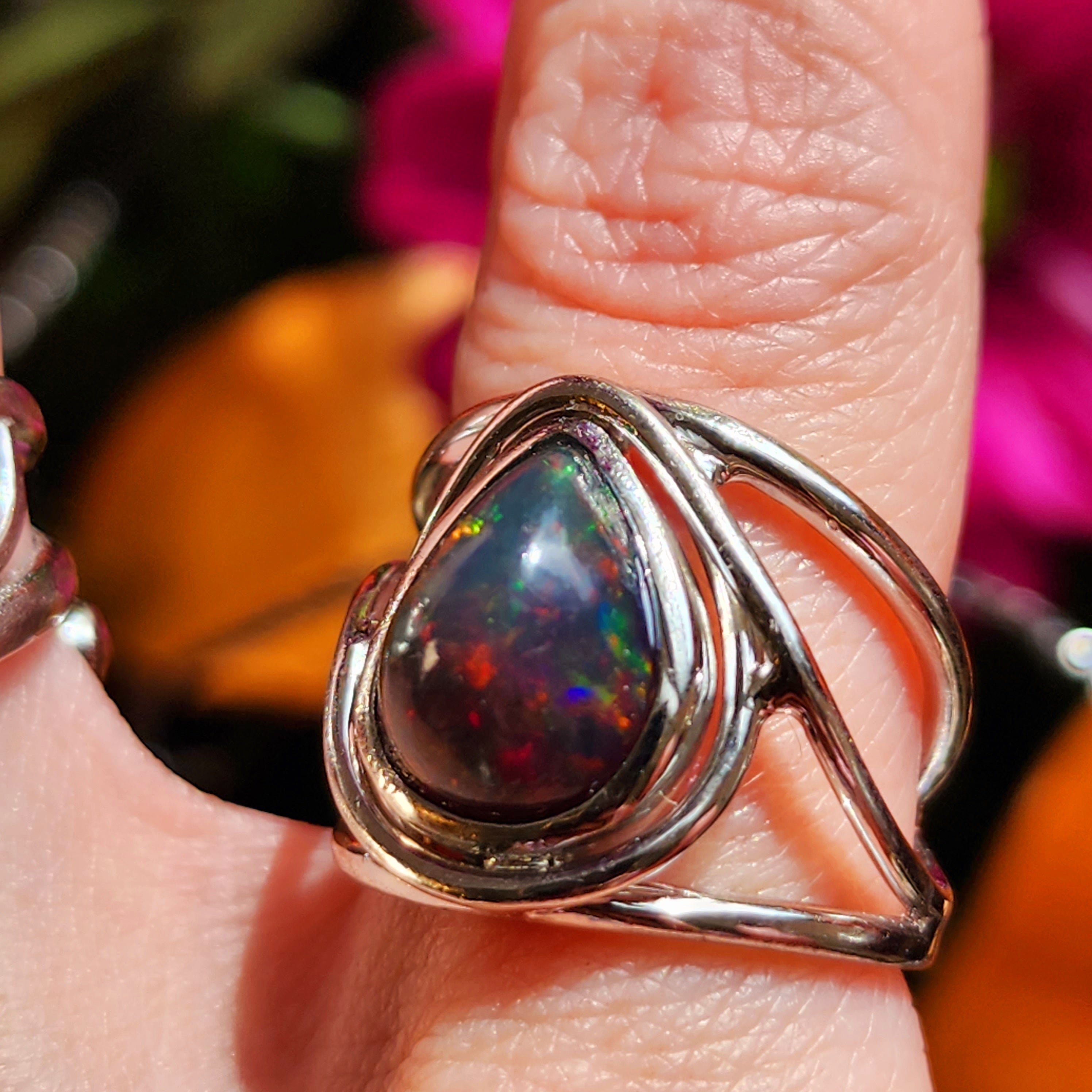 Black Precious Opal Finger Cuff Adjustable Ring .925 Silver for Good Luck, Protection and Joy