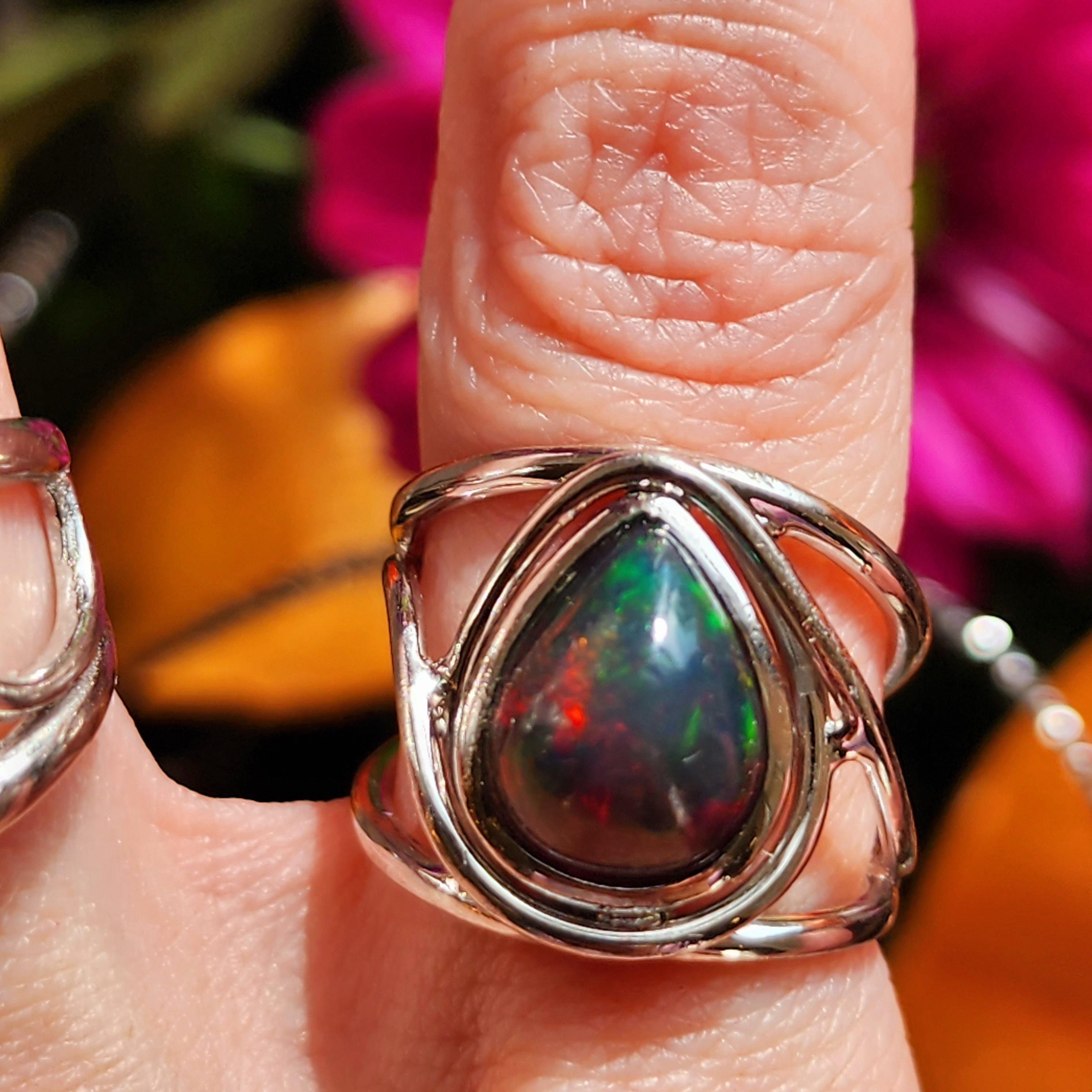 Black Precious Opal Finger Cuff Adjustable Ring .925 Silver for Good Luck, Protection and Joy