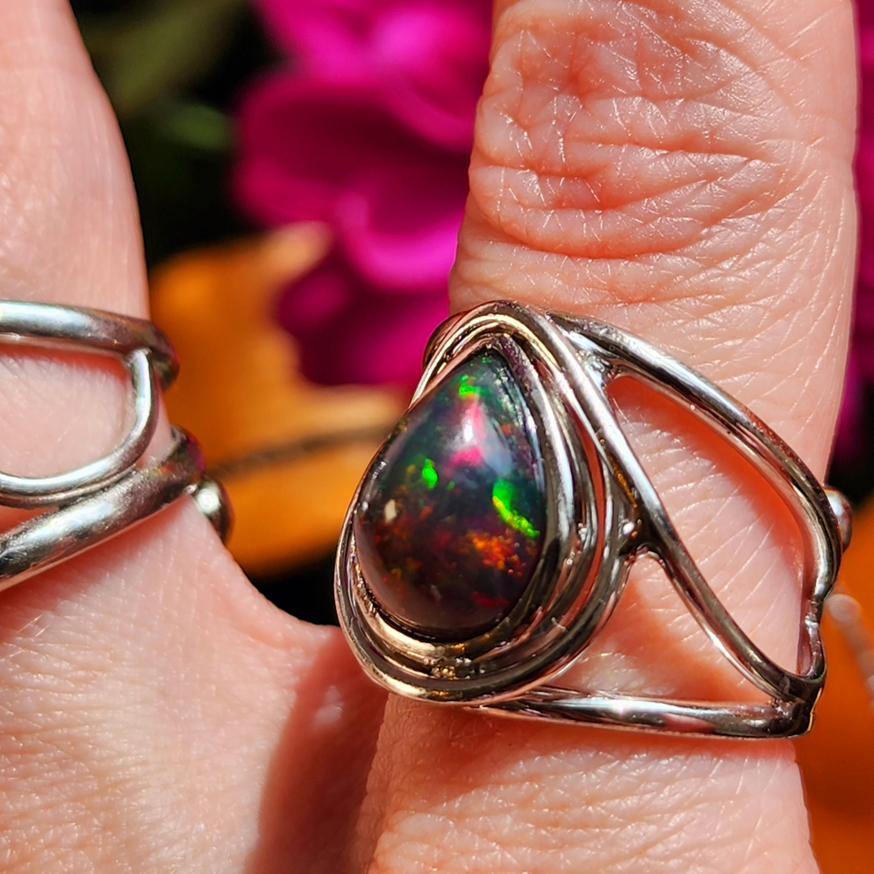 Black Precious Opal Finger Cuff Adjustable Ring .925 Silver for Good Luck, Protection and Joy