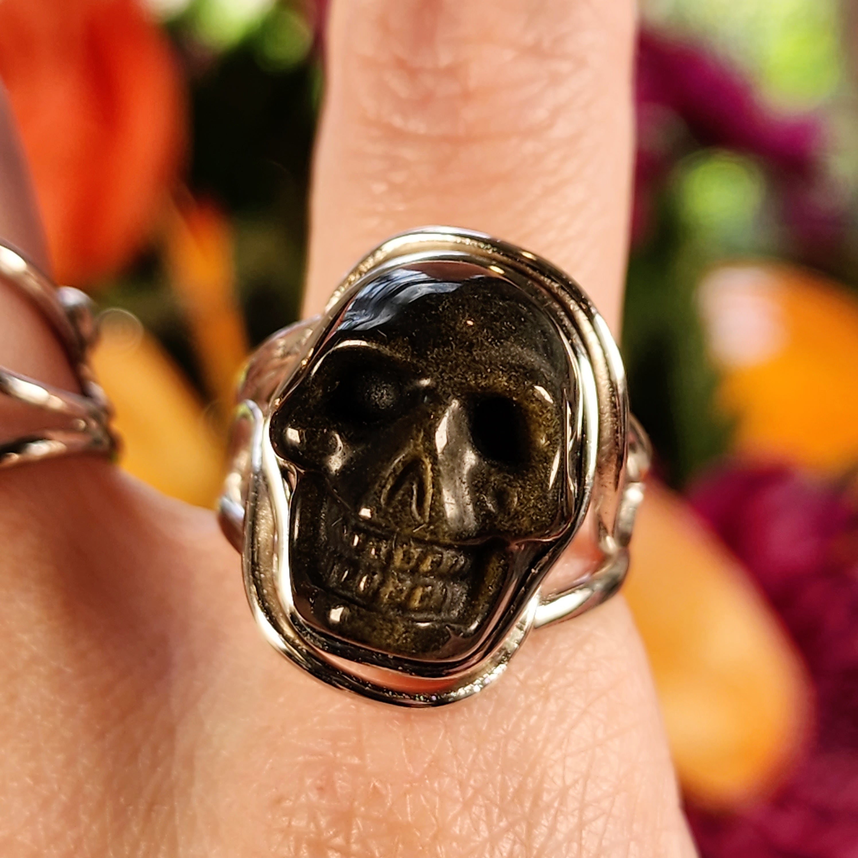 Gold Sheen Obsidian Skull Finger Cuff Adjustable Ring .925 Silver for Powerful Protection and Rising Above Negative Vibes