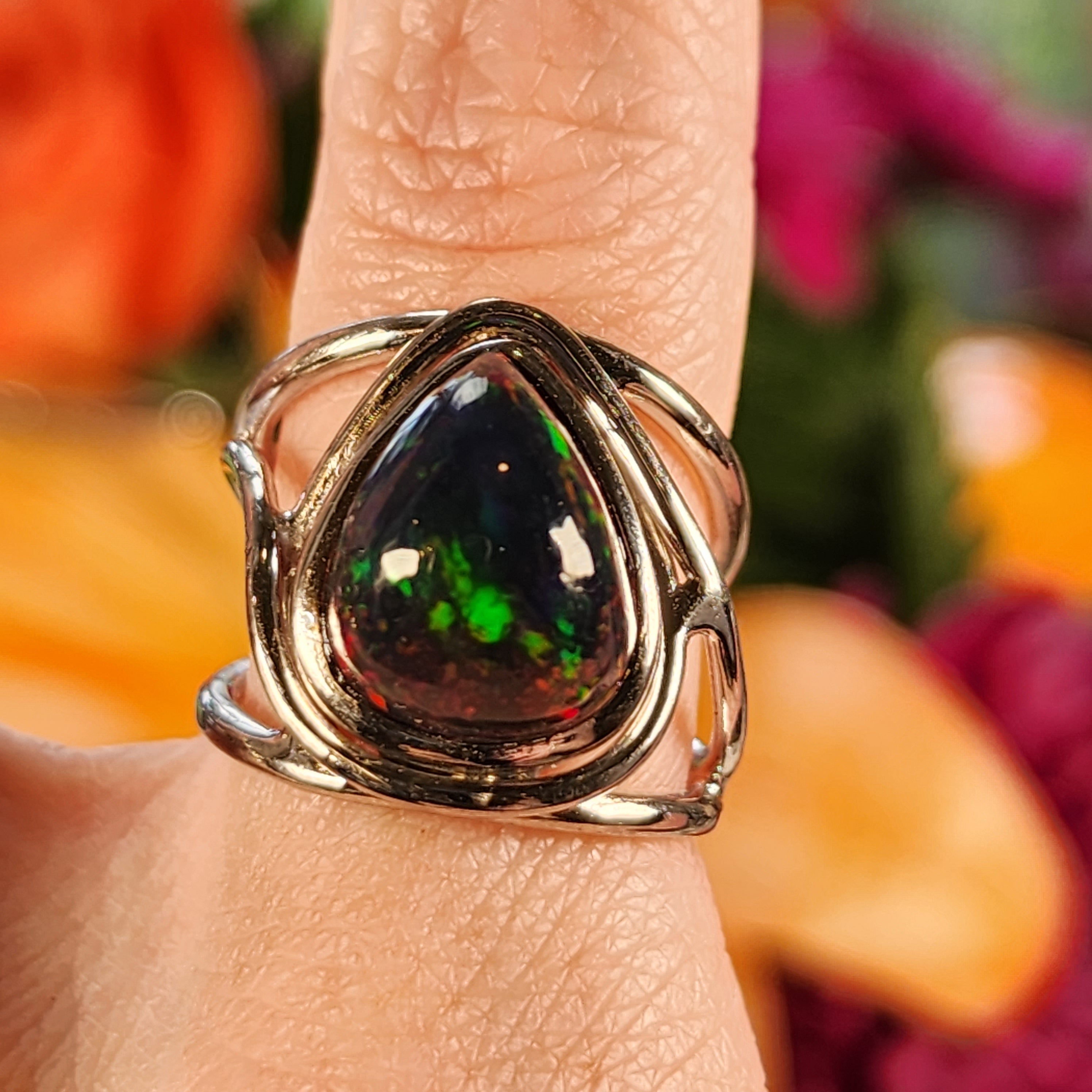 Black Precious Opal Finger Cuff Adjustable Ring .925 Silver for Good Luck, Protection and Joy