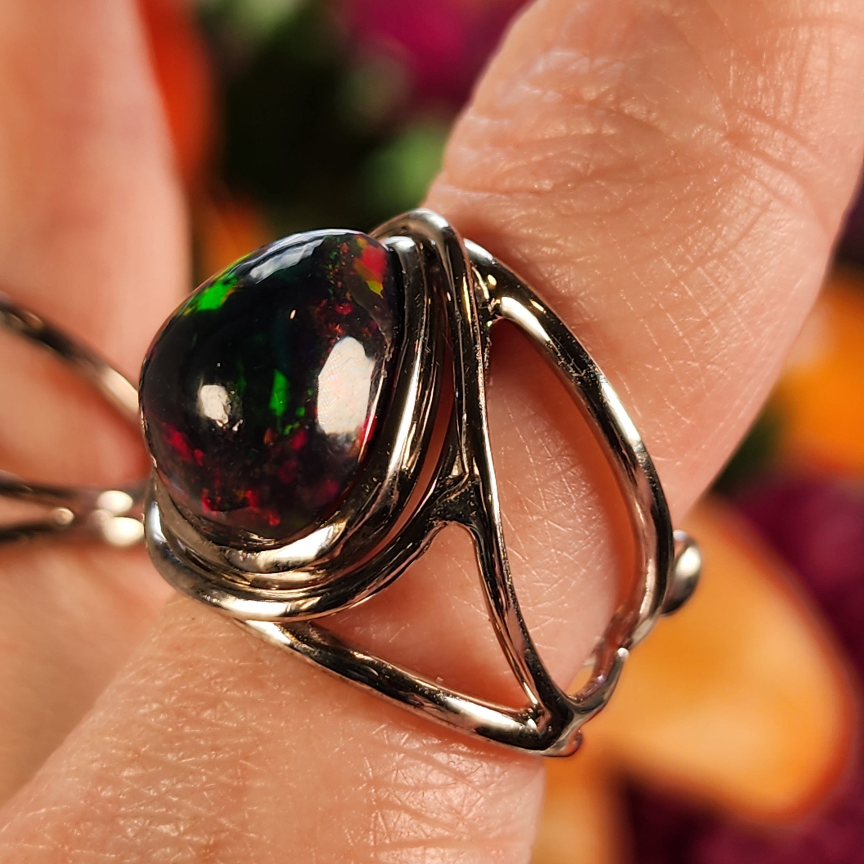 Black Precious Opal Finger Cuff Adjustable Ring .925 Silver for Good Luck, Protection and Joy