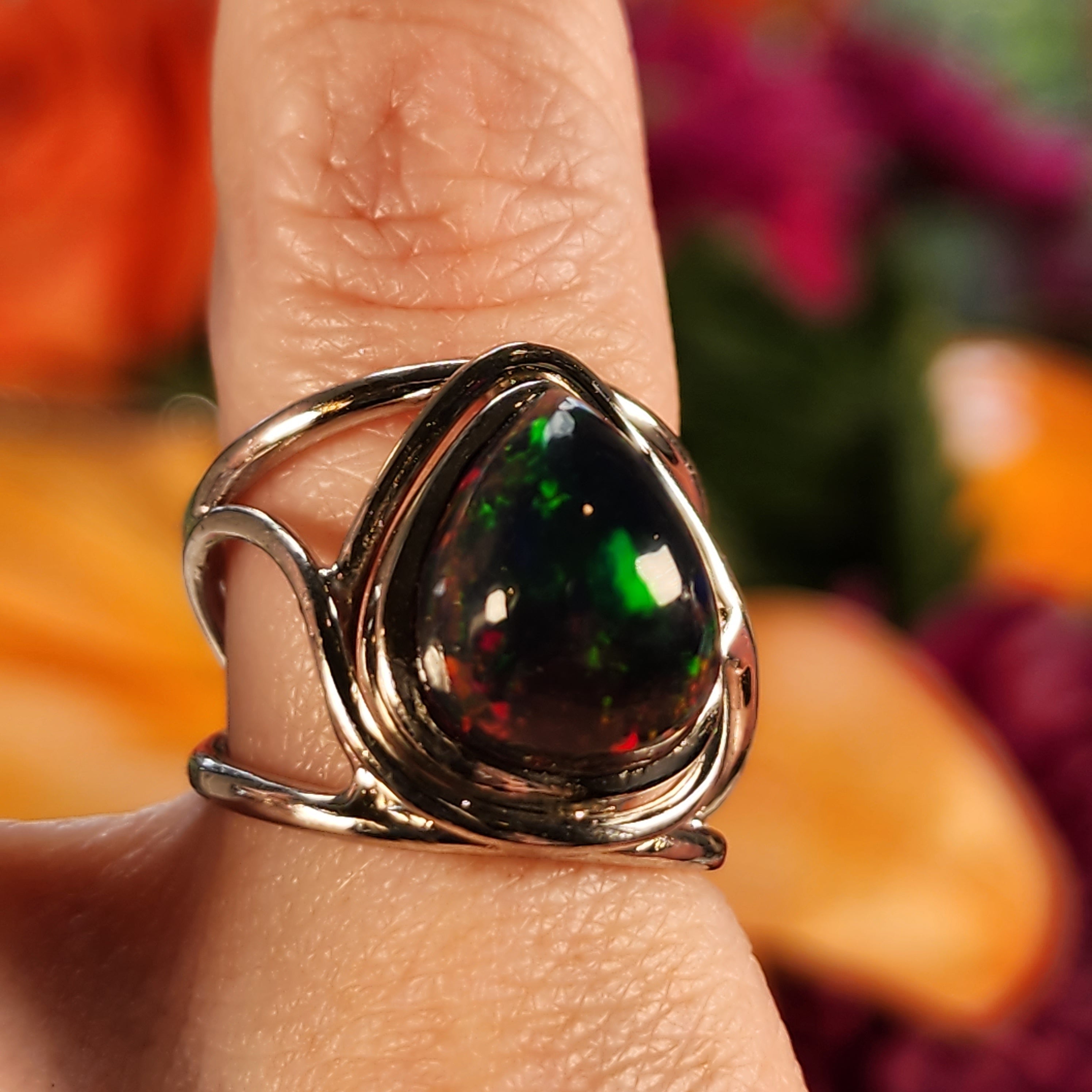 Black Precious Opal Finger Cuff Adjustable Ring .925 Silver for Good Luck, Protection and Joy