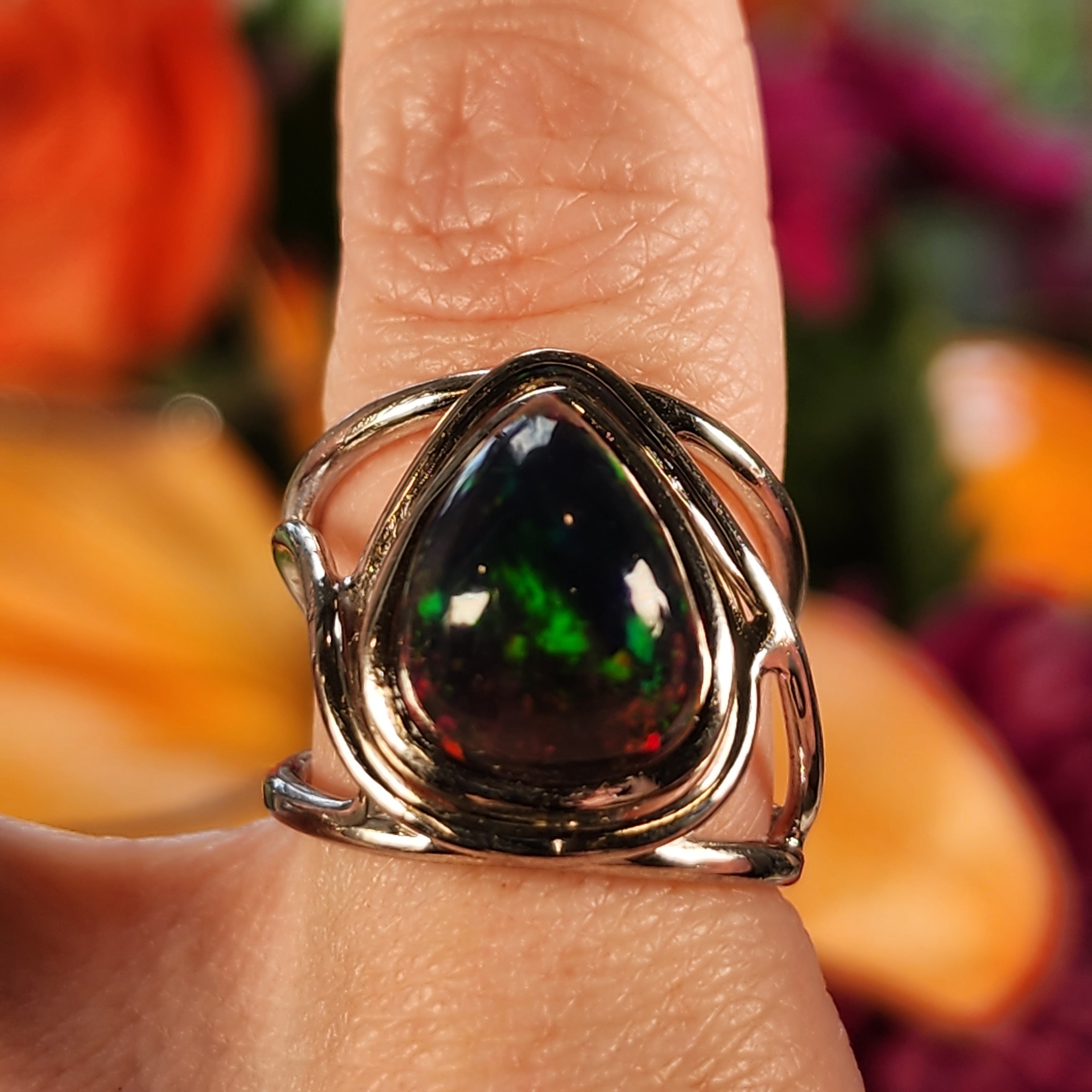 Black Precious Opal Finger Cuff Adjustable Ring .925 Silver for Good Luck, Protection and Joy