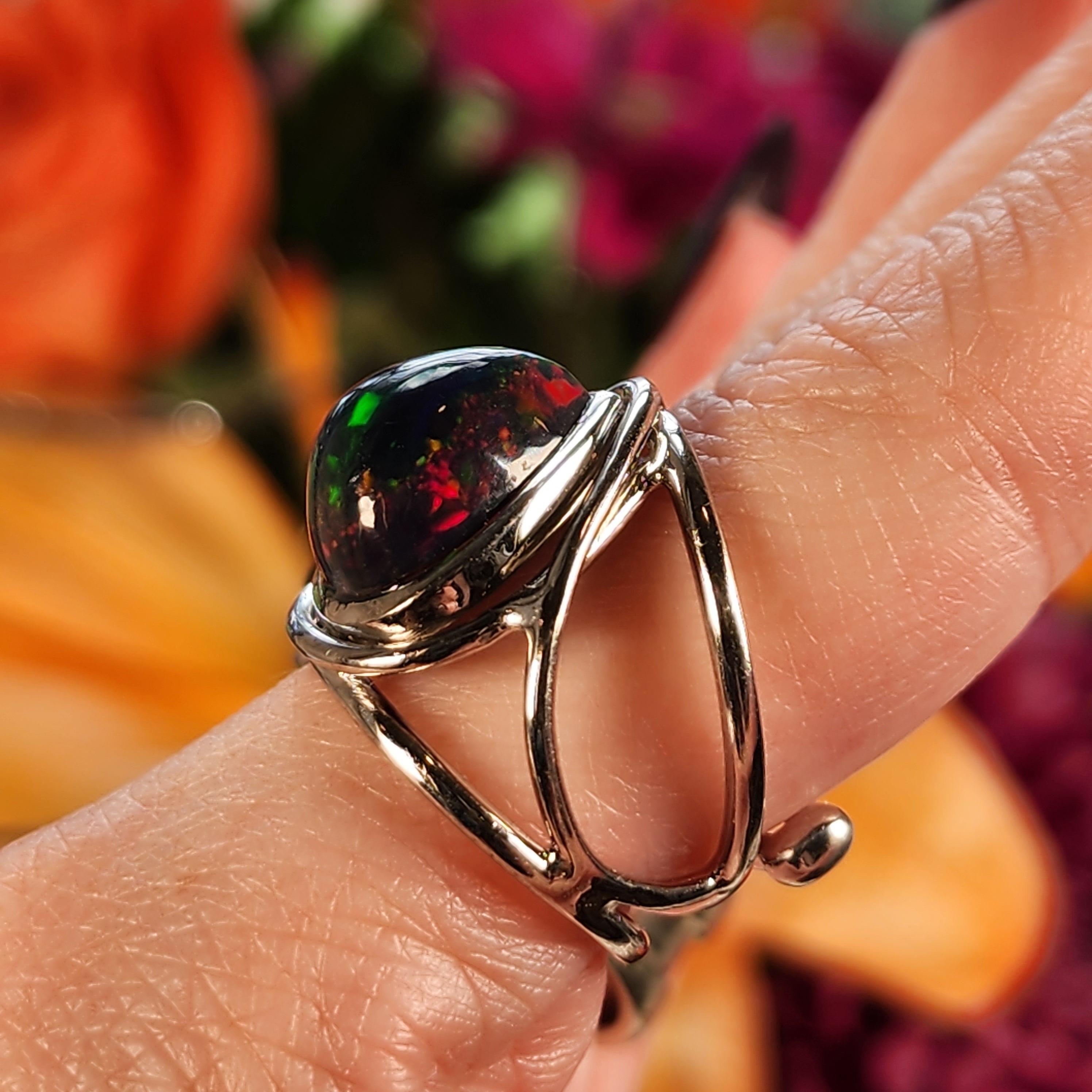 Black Precious Opal Finger Cuff Adjustable Ring .925 Silver for Good Luck, Protection and Joy