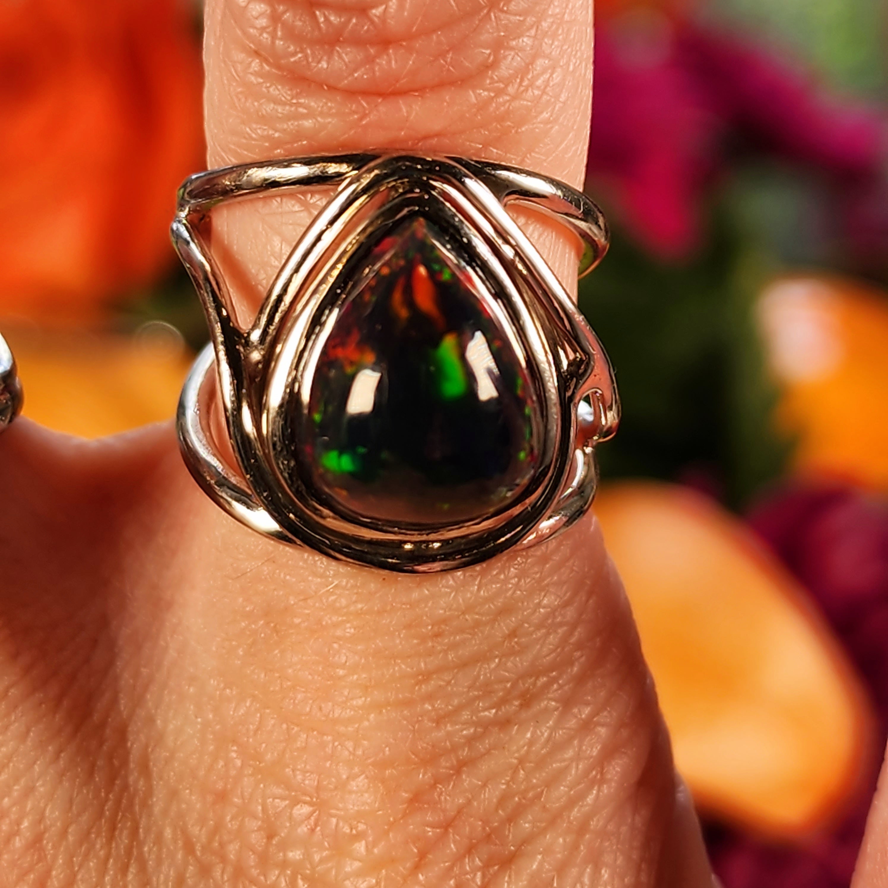 Black Precious Opal Finger Cuff Adjustable Ring .925 Silver for Good Luck, Protection and Joy