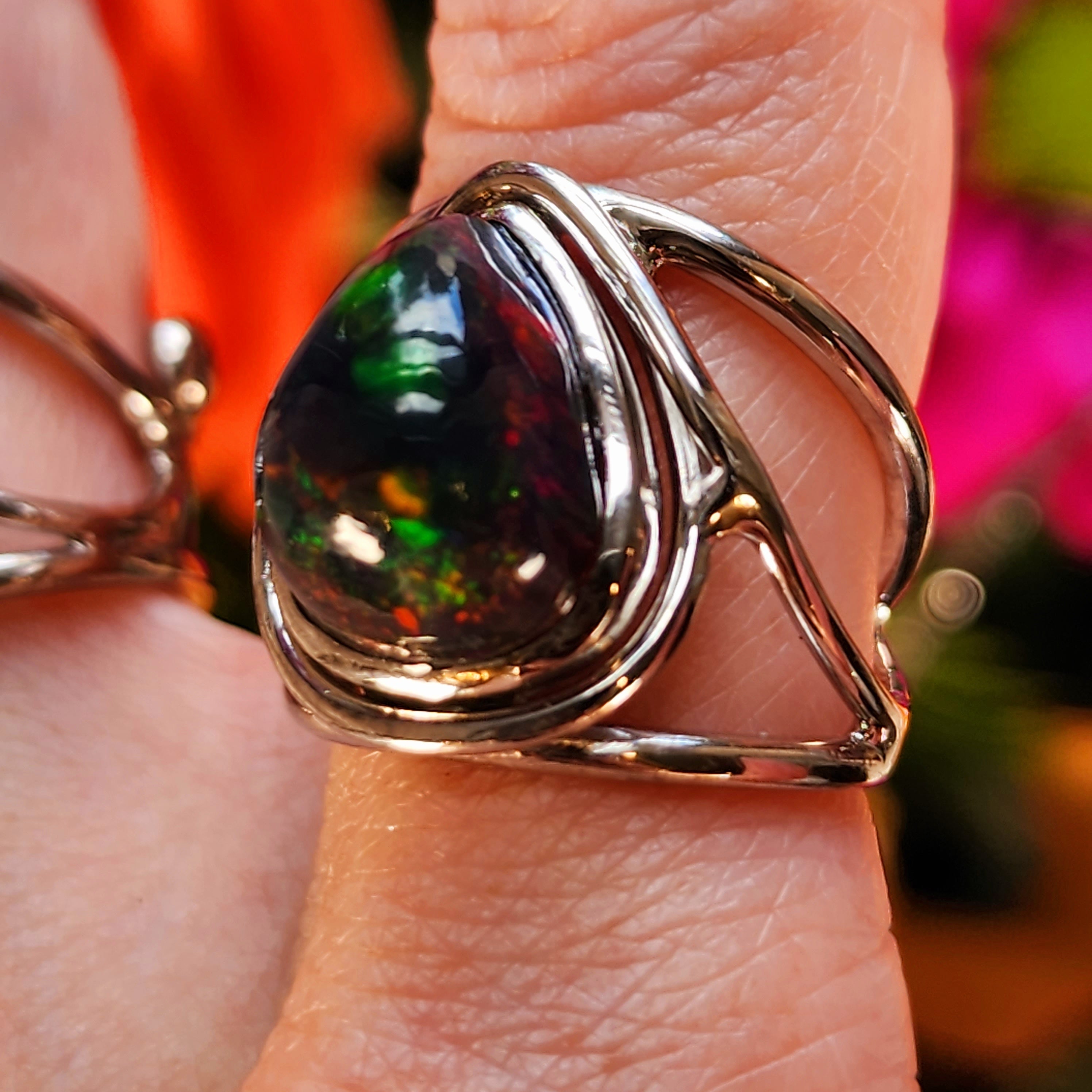 Black Precious Opal Finger Cuff Adjustable Ring .925 Silver for Good Luck, Protection and Joy