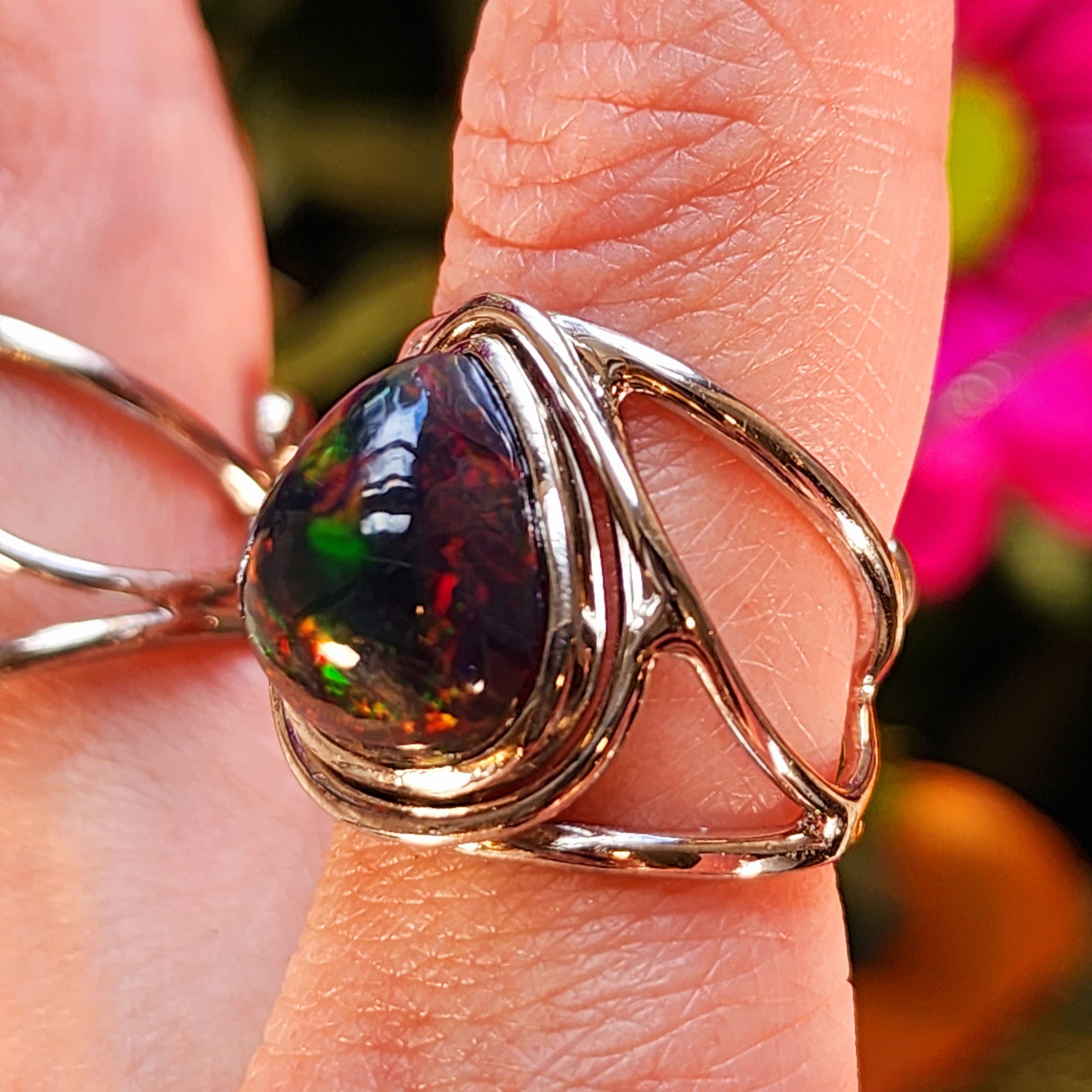 Black Precious Opal Finger Cuff Adjustable Ring .925 Silver for Good Luck, Protection and Joy