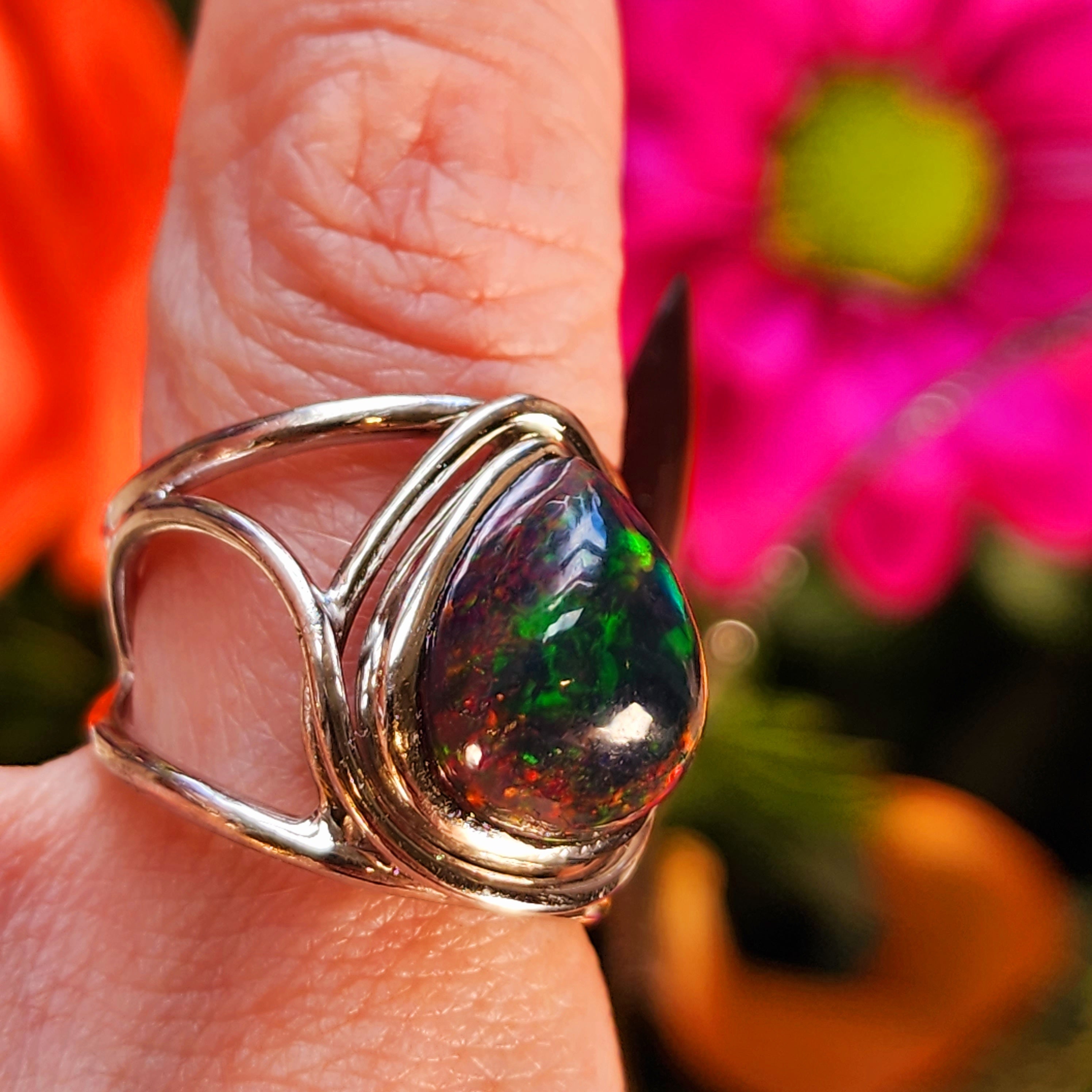 Black Precious Opal Finger Cuff Adjustable Ring .925 Silver for Good Luck, Protection and Joy