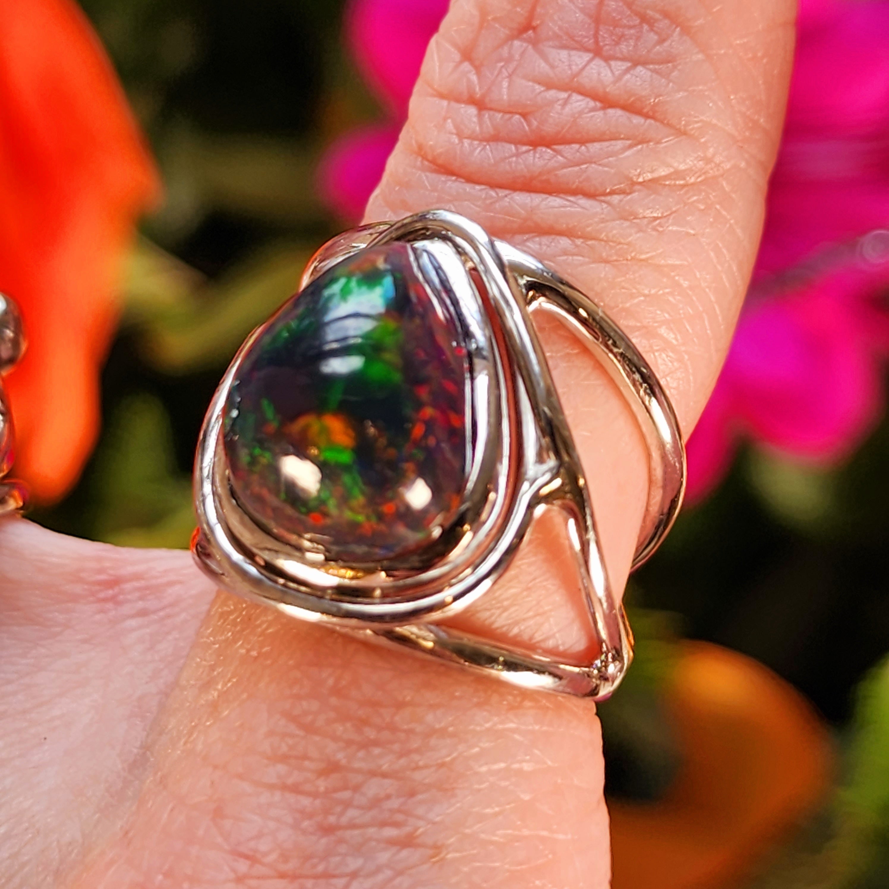 Black Precious Opal Finger Cuff Adjustable Ring .925 Silver for Good Luck, Protection and Joy