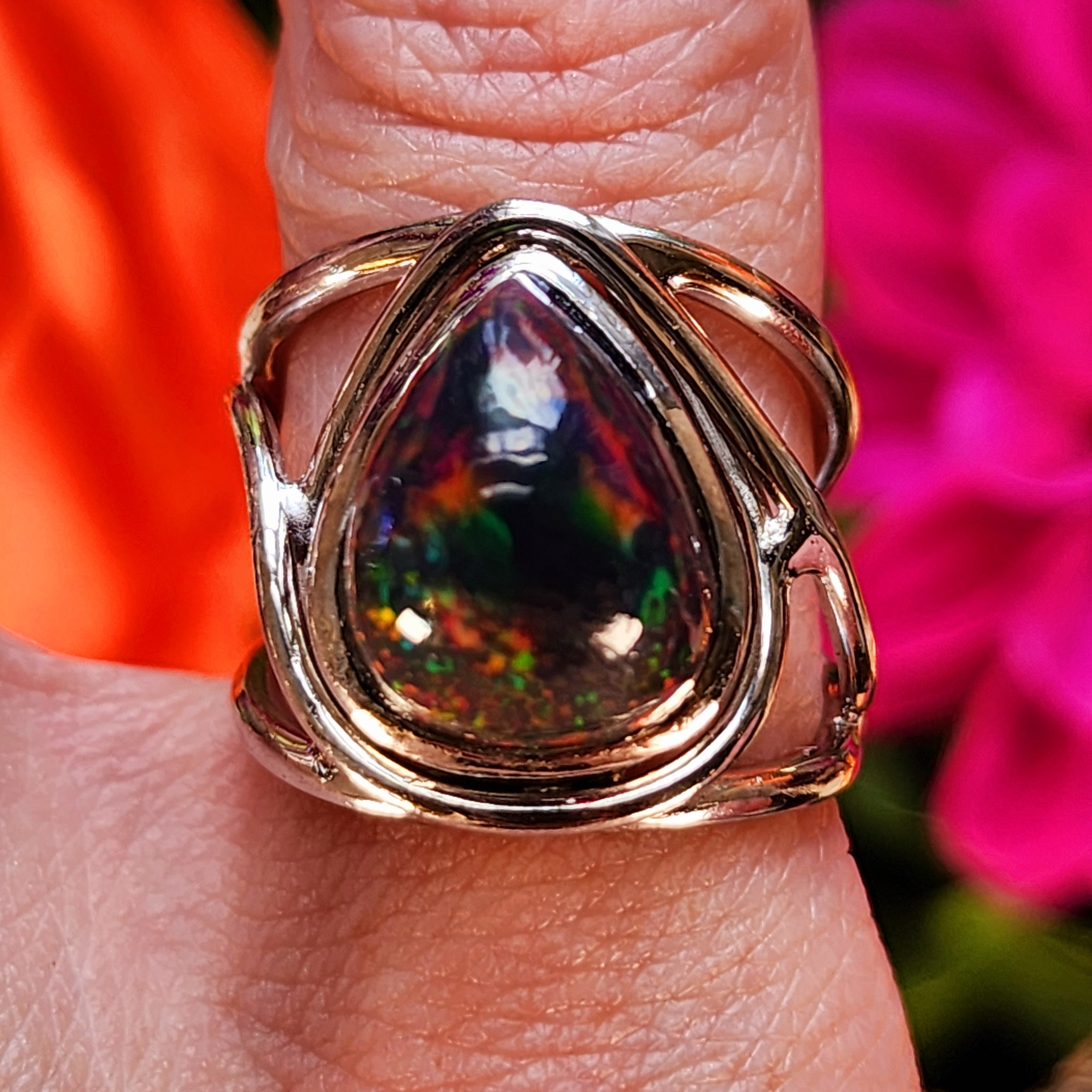 Black Precious Opal Finger Cuff Adjustable Ring .925 Silver for Good Luck, Protection and Joy