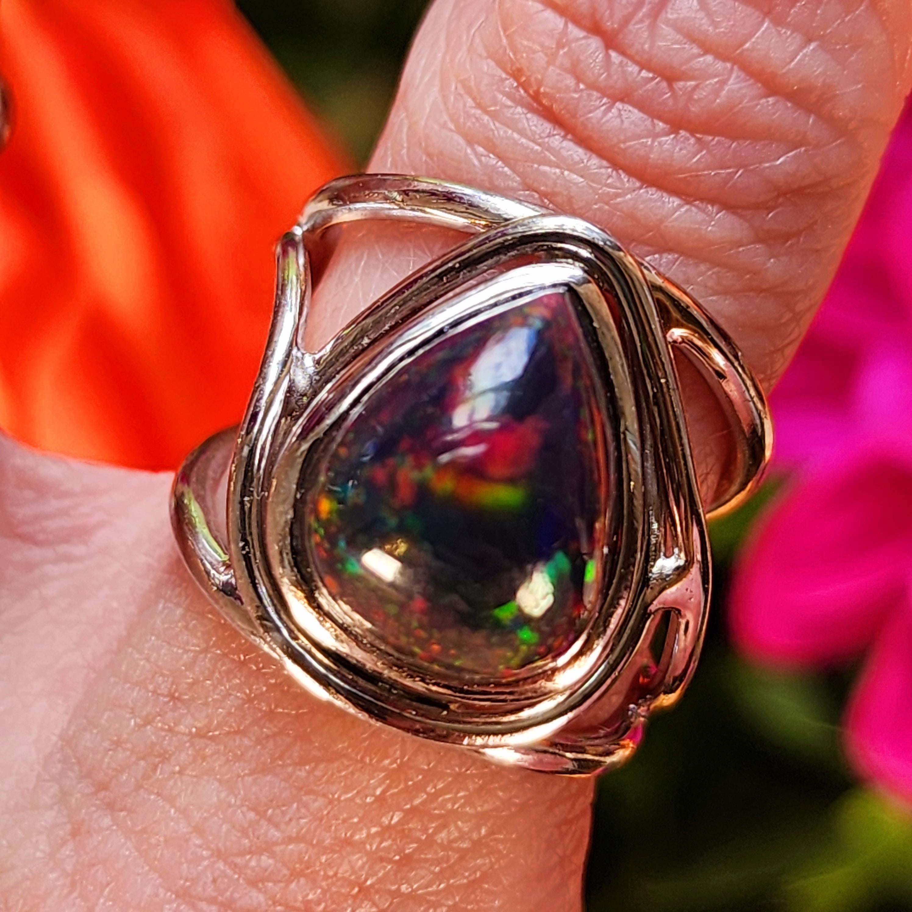 Black Precious Opal Finger Cuff Adjustable Ring .925 Silver for Good Luck, Protection and Joy