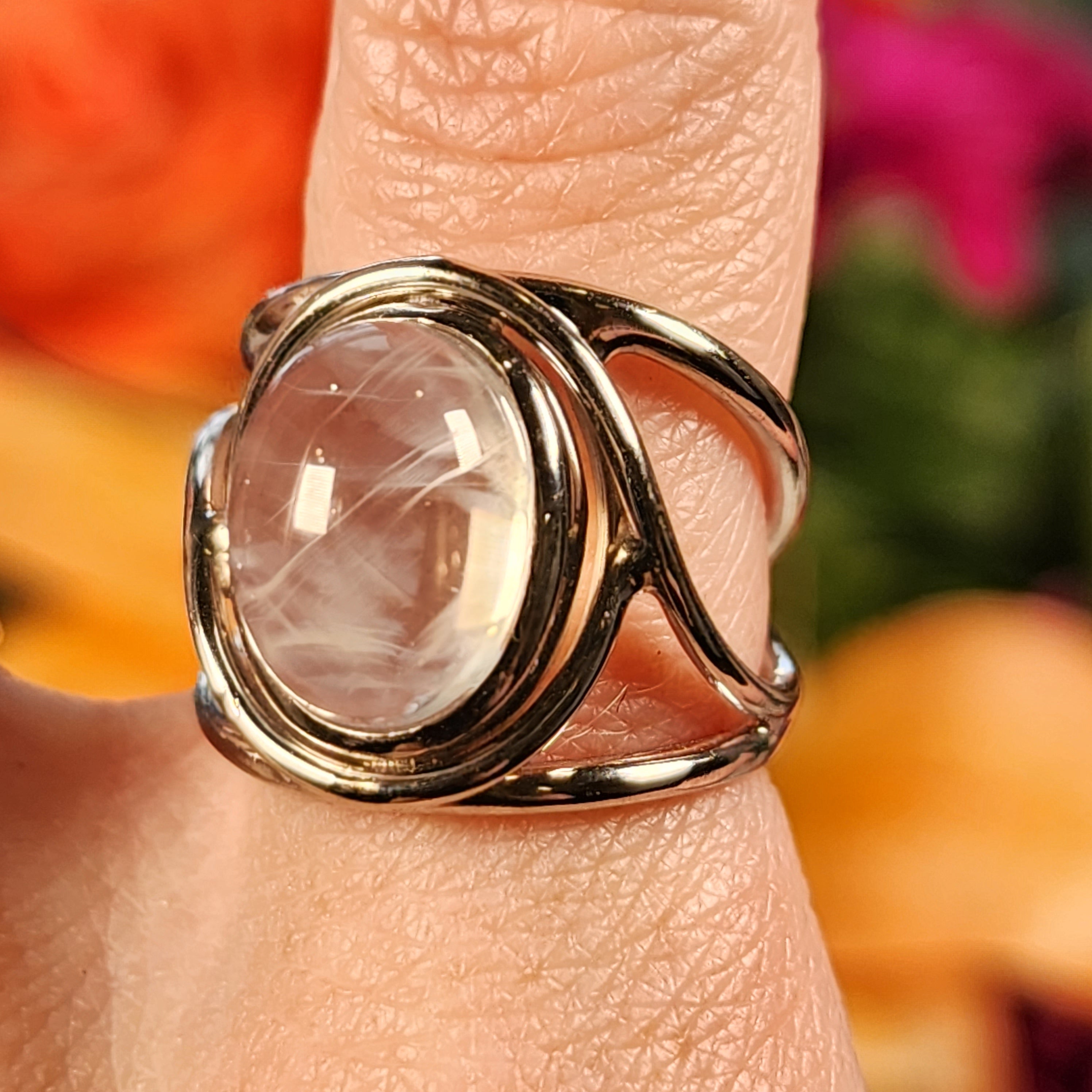 Blue Smoke Lemurian Quartz Finger Cuff Adjustable Ring .925 Silver for Ascension, Connection with Guides and Meditation