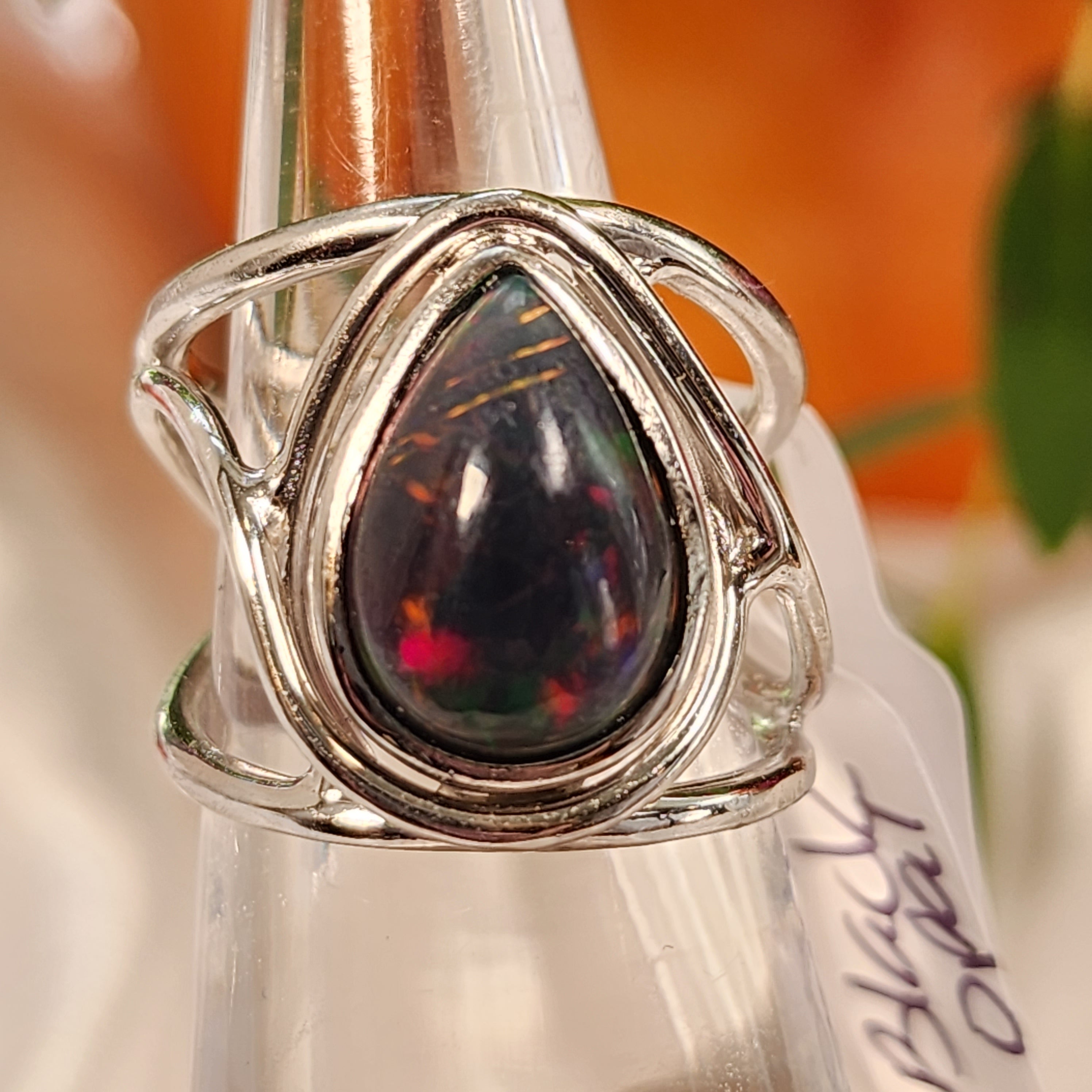 Black Precious Opal Finger Cuff Adjustable Ring .925 Silver for Good Luck, Protection and Joy