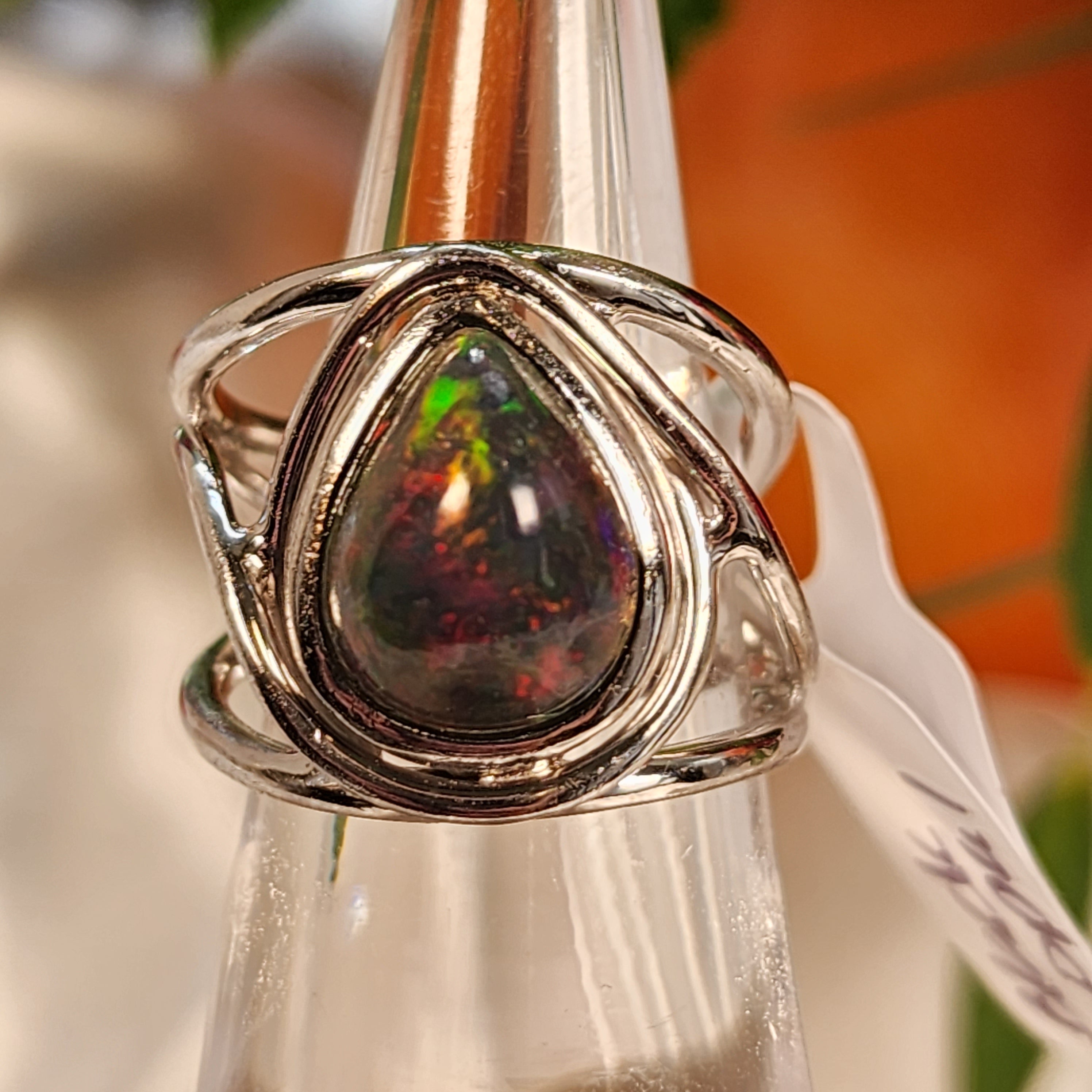 Black Precious Opal Finger Cuff Adjustable Ring .925 Silver for Good Luck, Protection and Joy