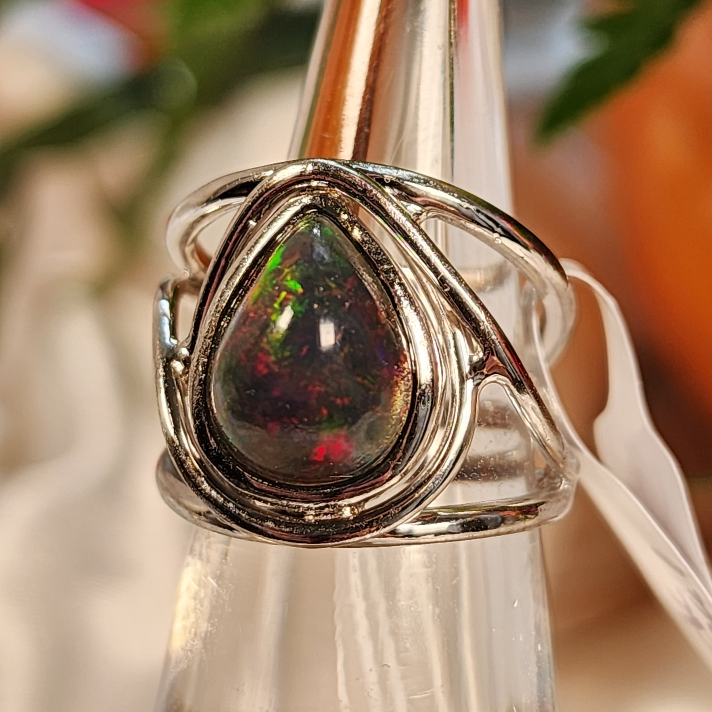 Black Precious Opal Finger Cuff Adjustable Ring .925 Silver for Good Luck, Protection and Joy