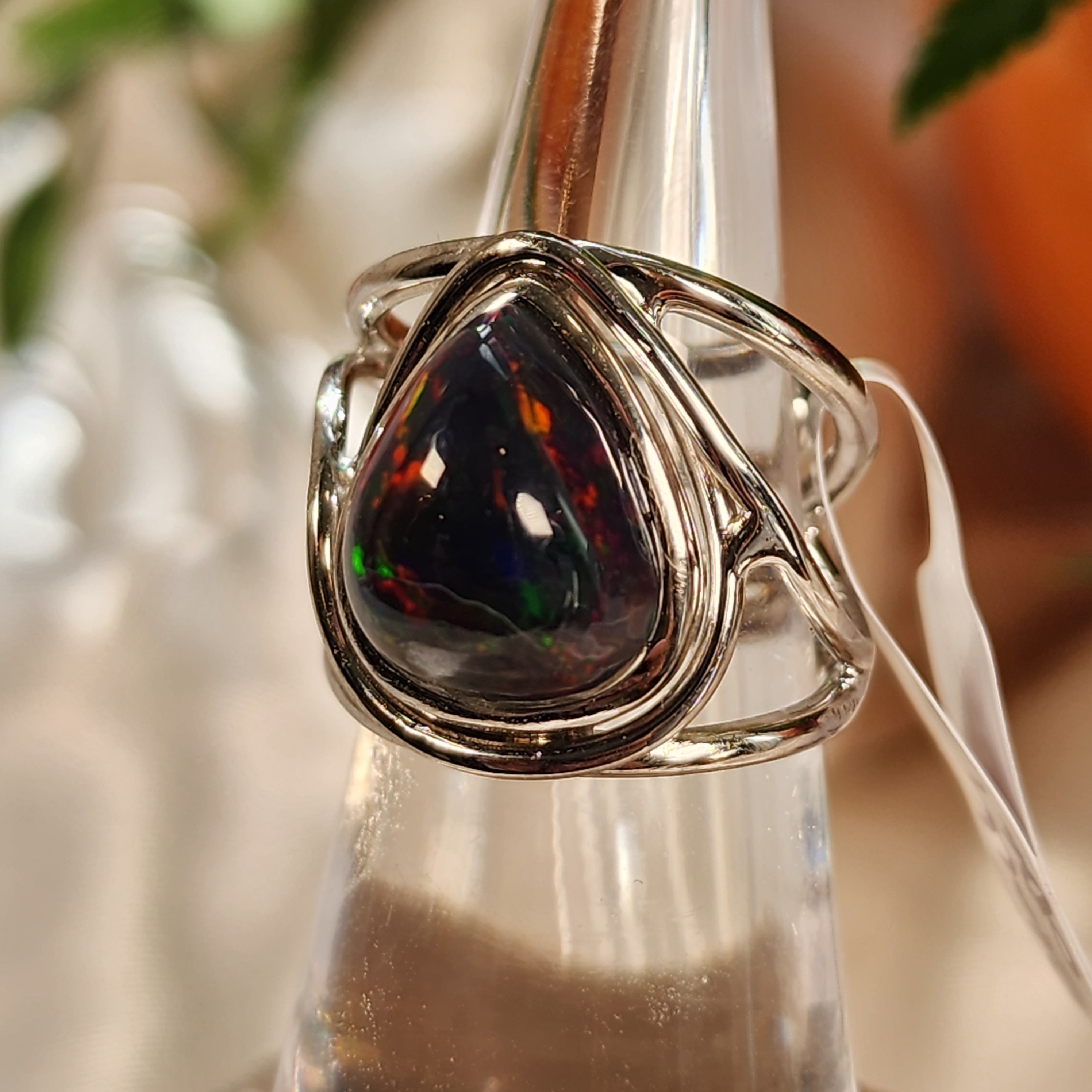 Black Precious Opal Finger Cuff Adjustable Ring .925 Silver for Good Luck, Protection and Joy