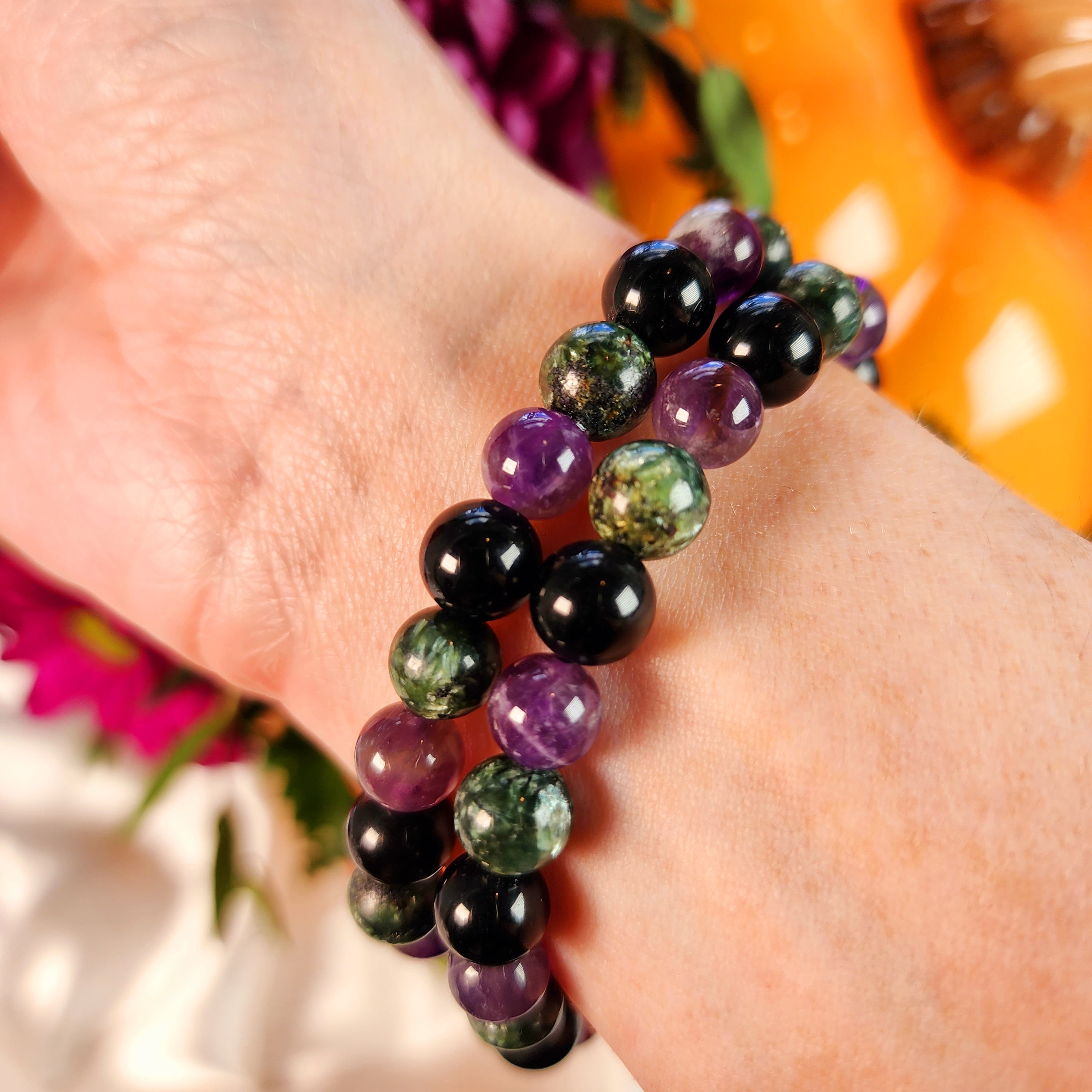 Witchy Seraphinite, Obsidian and Amethyst Bracelet