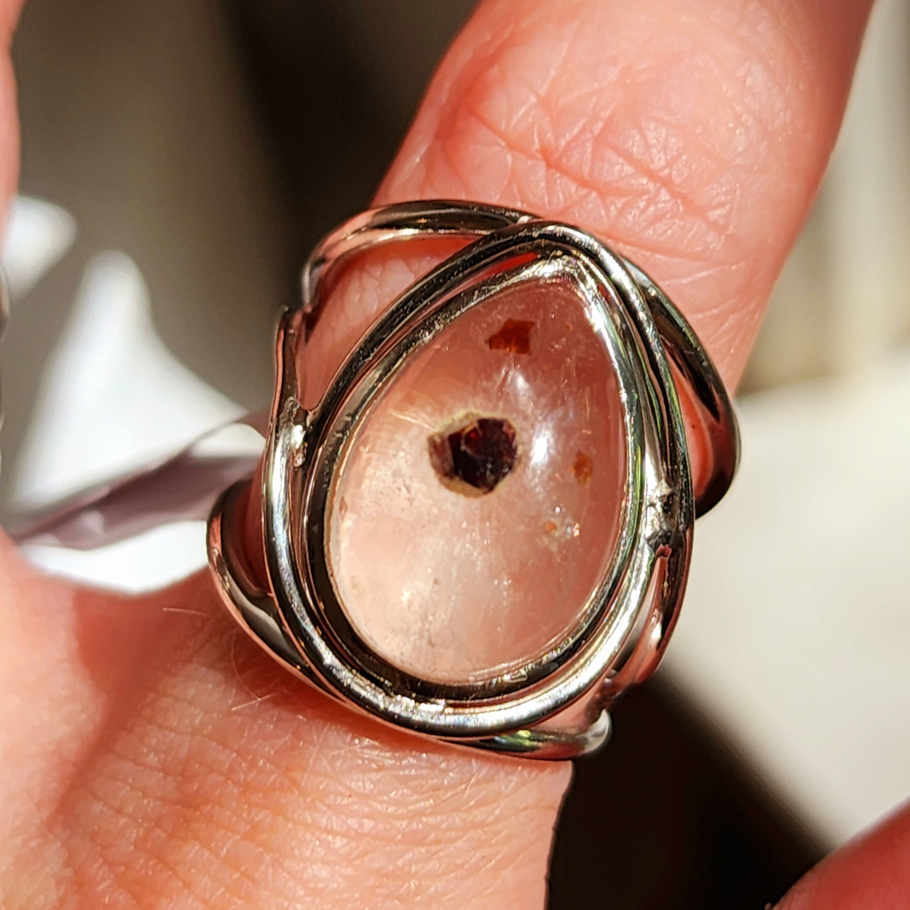 Garnet in Quartz Finger Cuff Adjustable Ring .925 Silver for Manifesting Health, Grounding and Stability