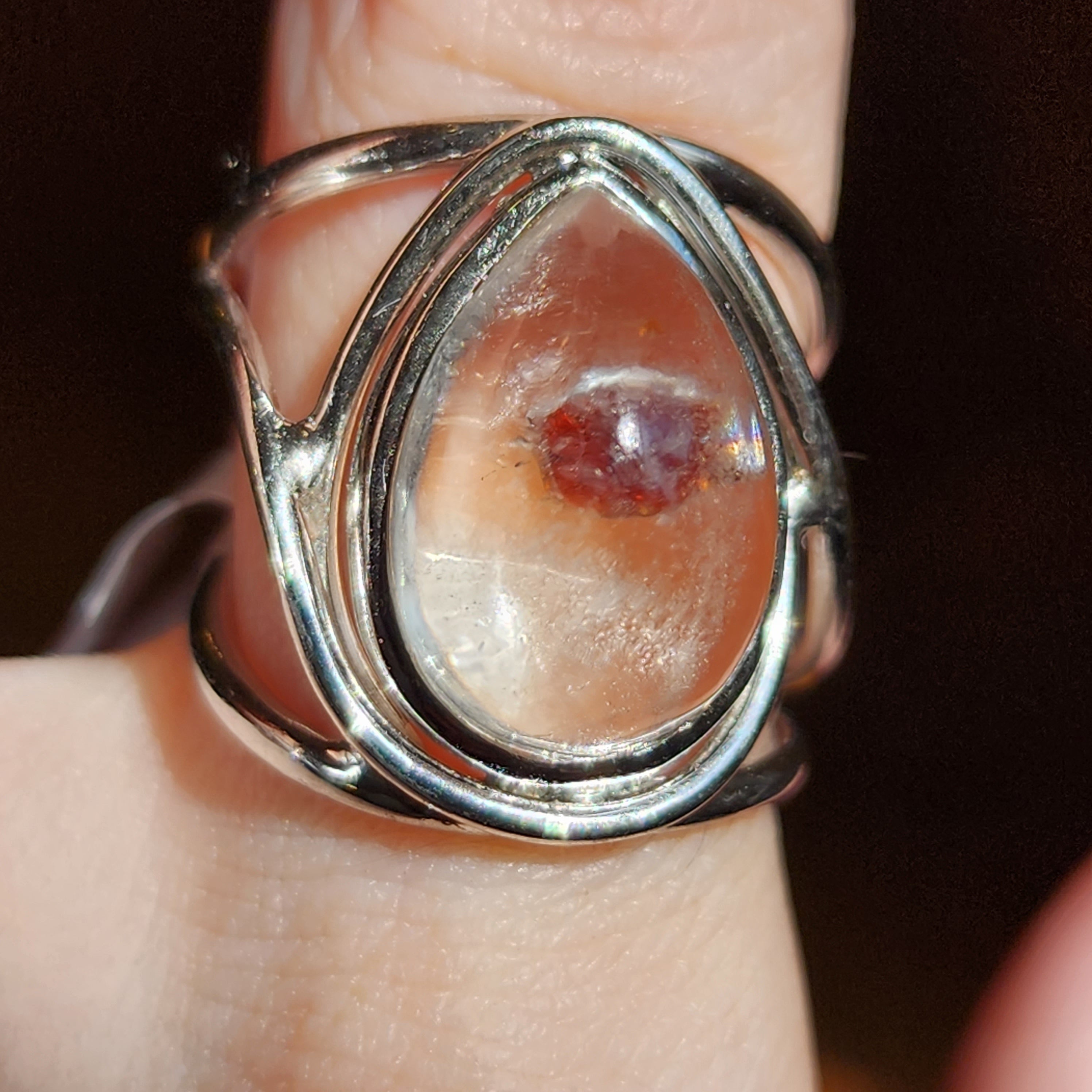 Garnet in Quartz Finger Cuff Adjustable Ring .925 Silver for Manifesting Health, Grounding and Stability