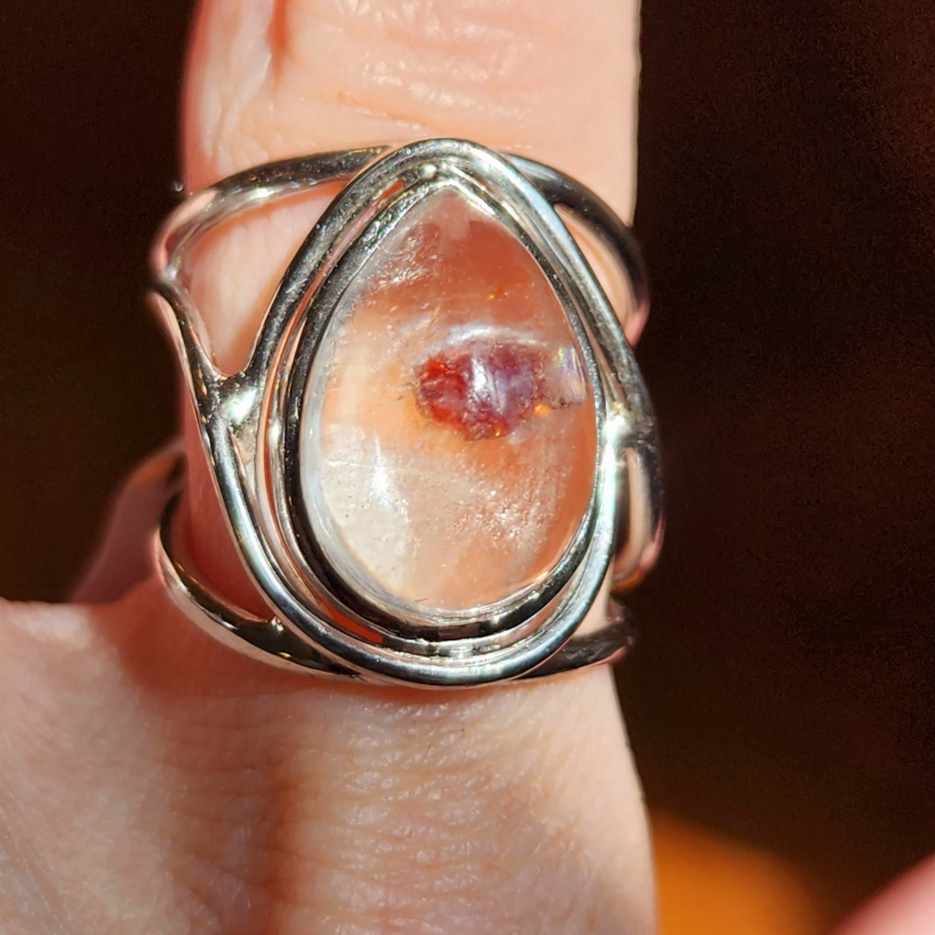 Garnet in Quartz Finger Cuff Adjustable Ring .925 Silver for Manifesting Health, Grounding and Stability