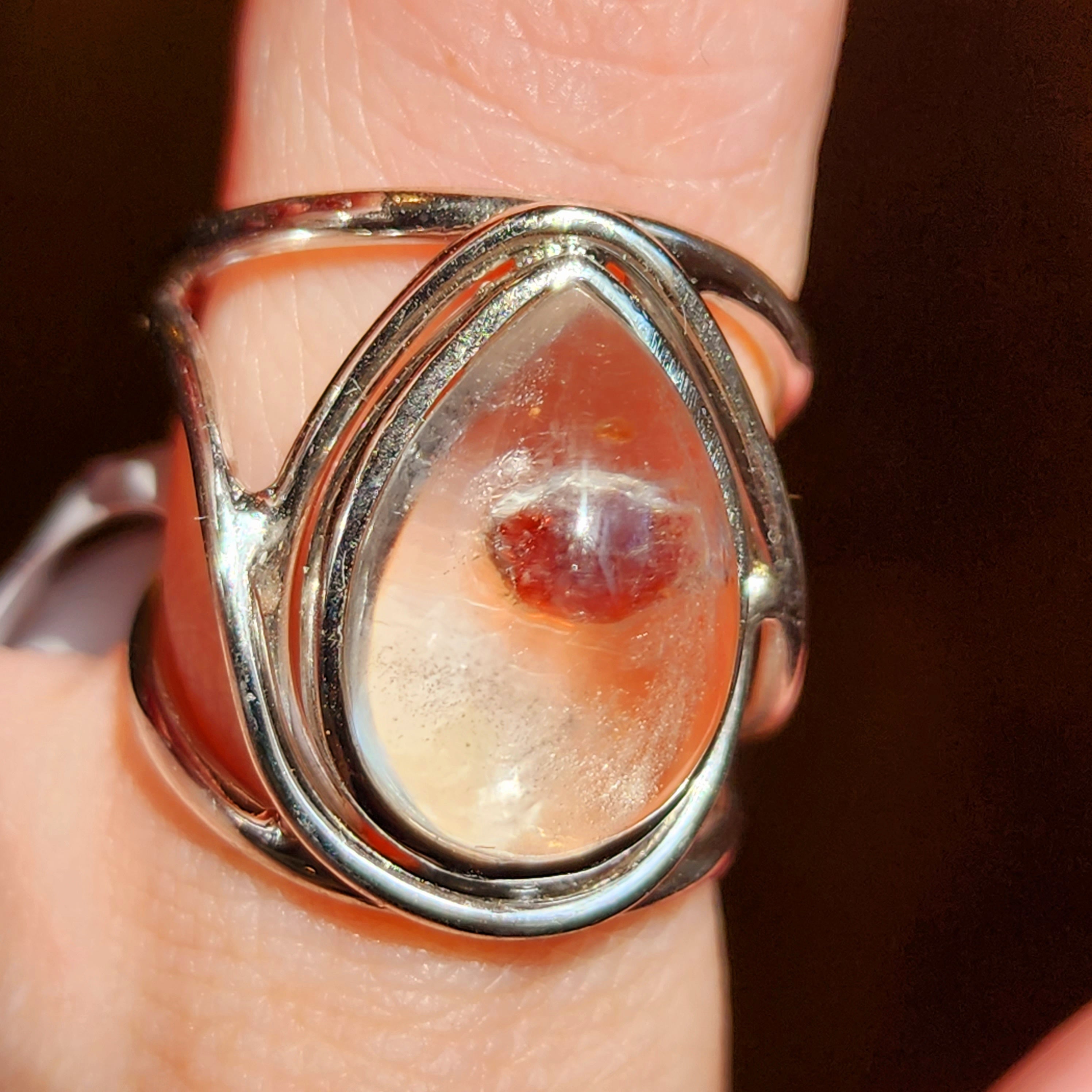 Garnet in Quartz Finger Cuff Adjustable Ring .925 Silver for Manifesting Health, Grounding and Stability