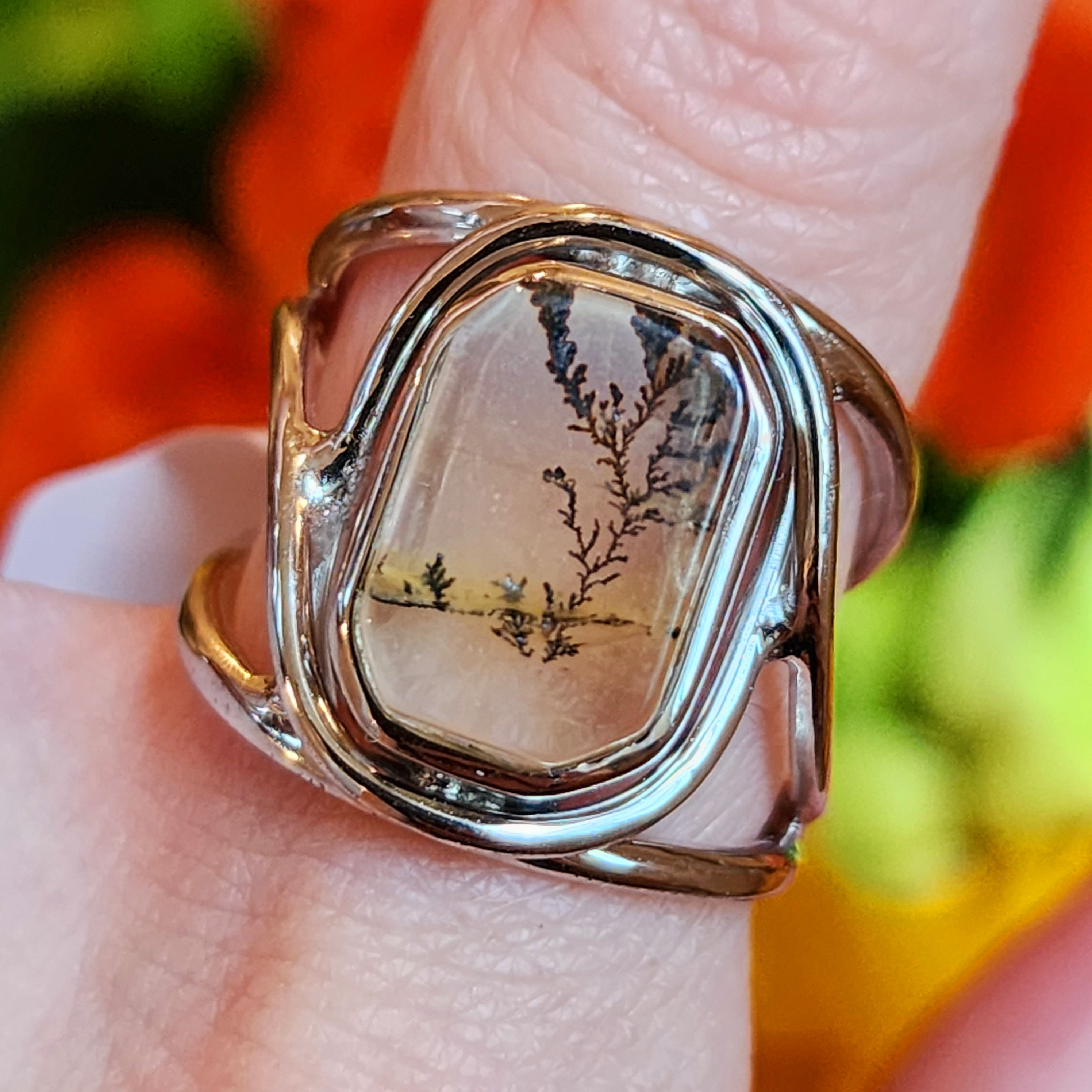 Dendritic Girasol Quartz with Golden Healer Finger Cuff Adjustable Ring .925 Silver for Master Healing, Grounding & Transformation