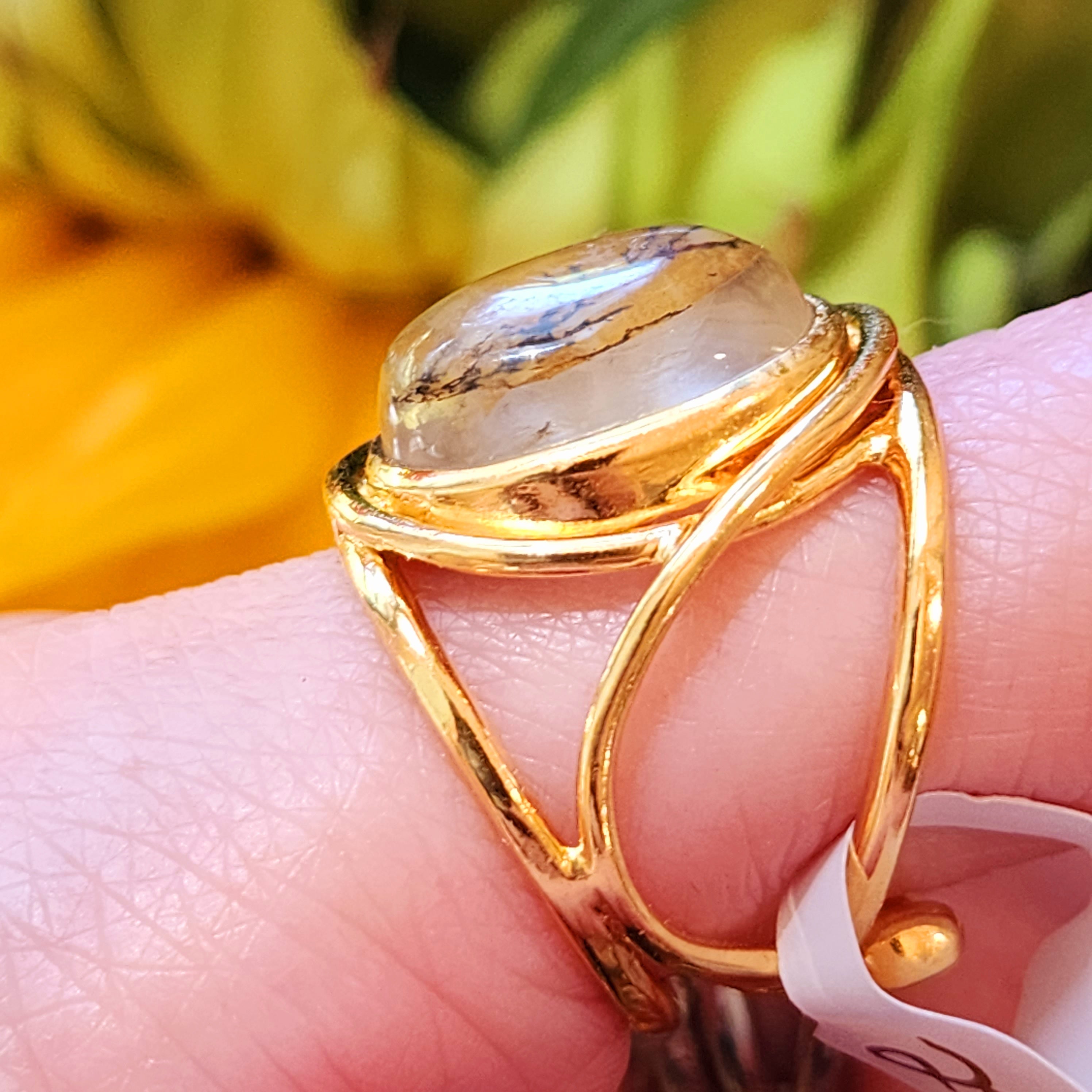 Dendritic Girasol Quartz with Golden Healer Finger Cuff Adjustable Ring 24K Gold Plated .925 Silver for Master Healing, Grounding & Transformation