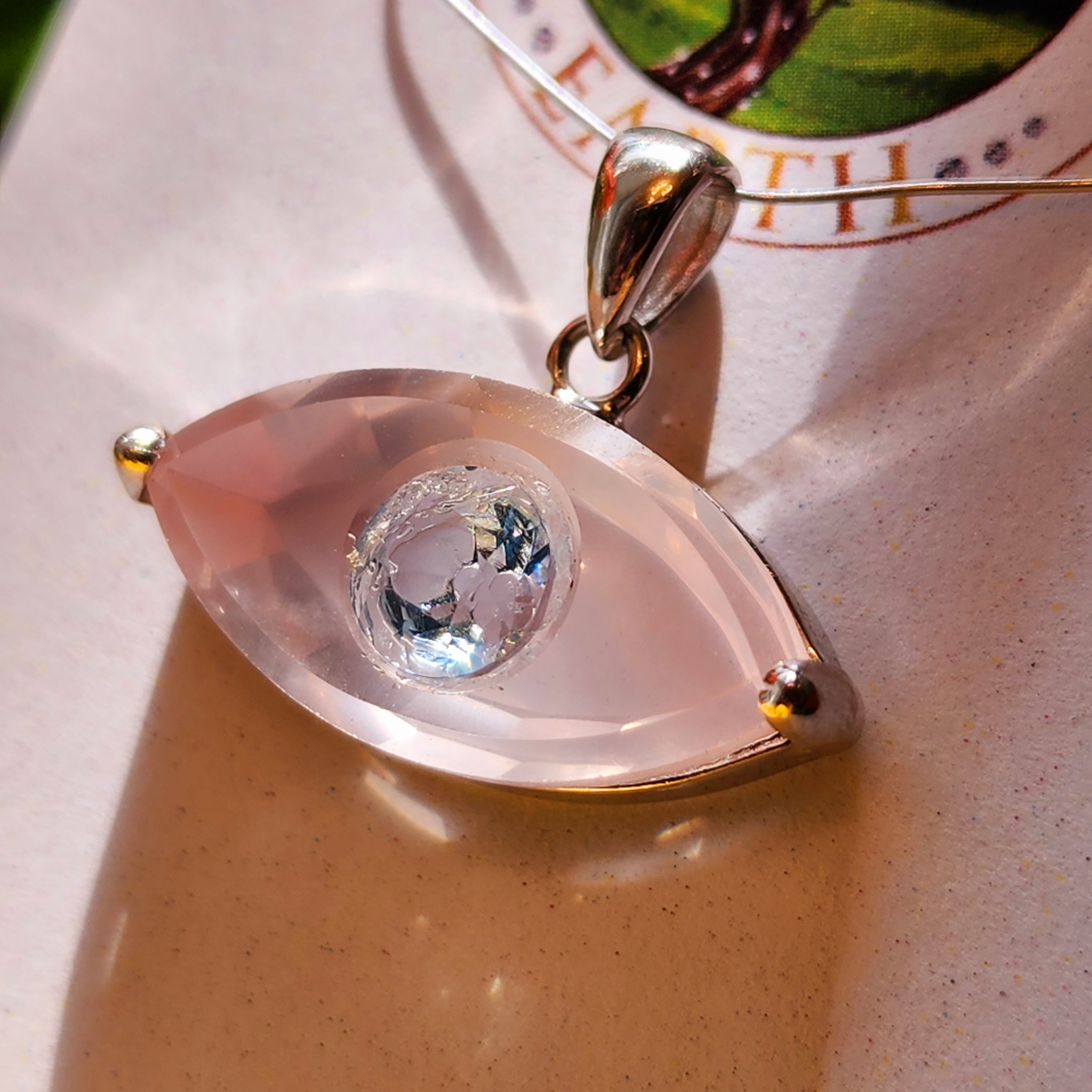 Rose Quartz Evil Eye with Blue Topaz Inlay Pendant .925 Silver for Protection and Manifesting