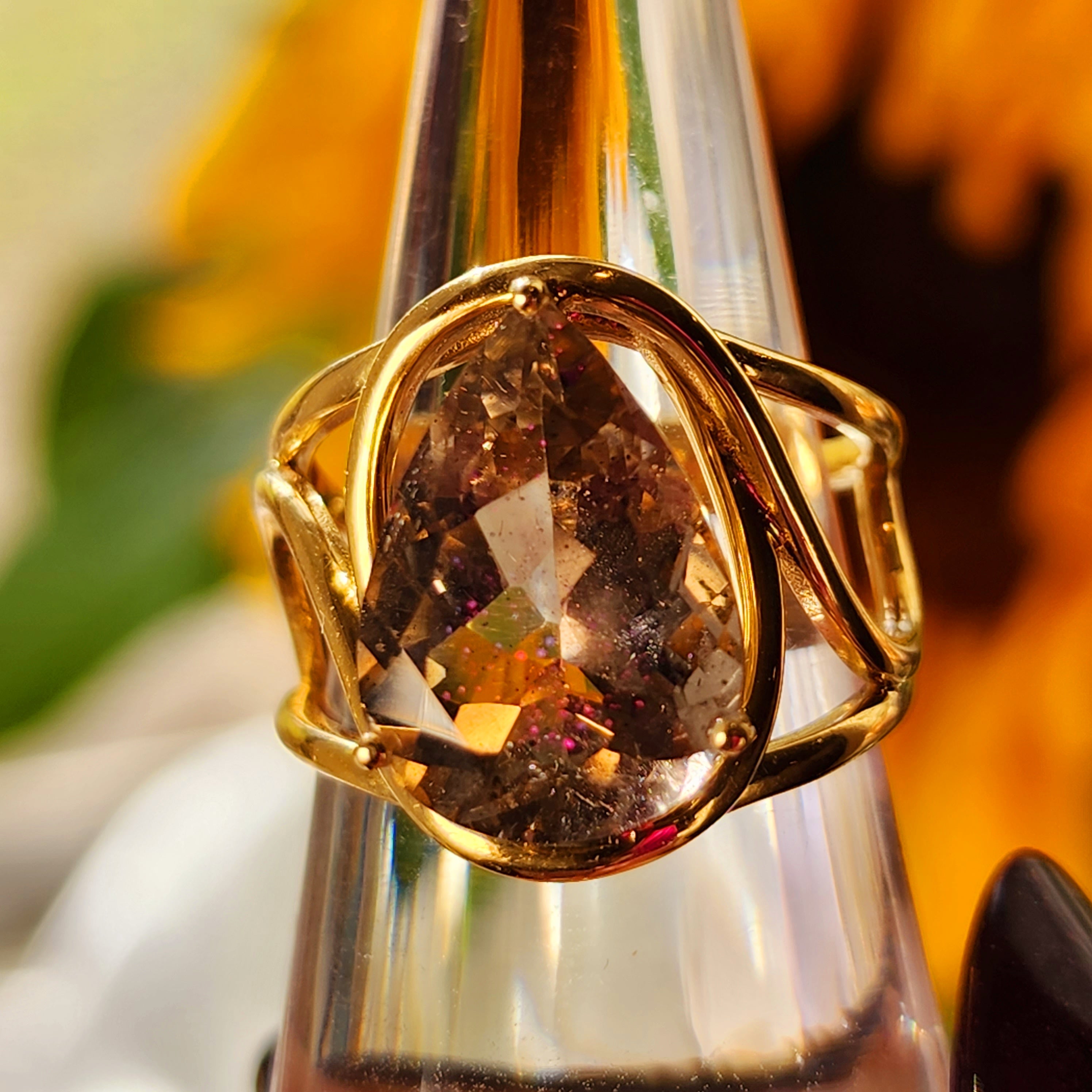 Pink Fire Covellite in Smoky Quartz Finger Cuff Adjustable Ring 18K Solid Gold for Manifesting, Enhanced Flow of Energy and Spiritual Transformation