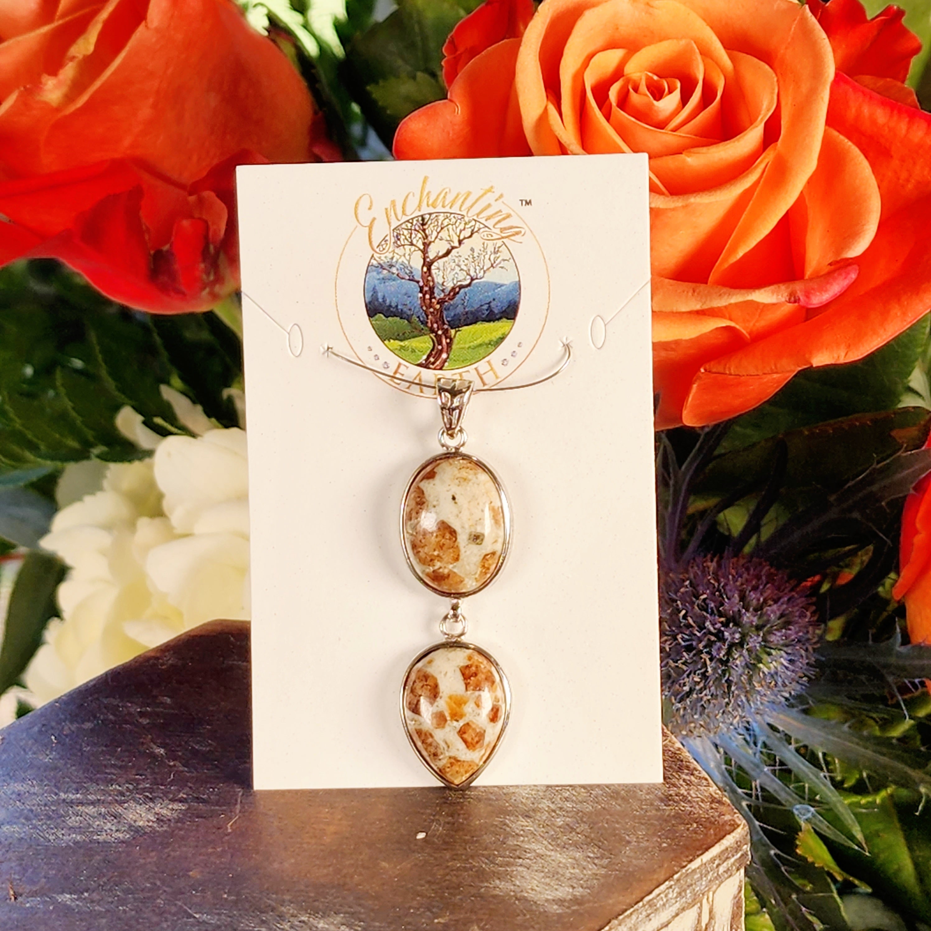 Spessartine Garnet in Wollastonite Pendant .925 Silver for Strength, Courage & Achievement