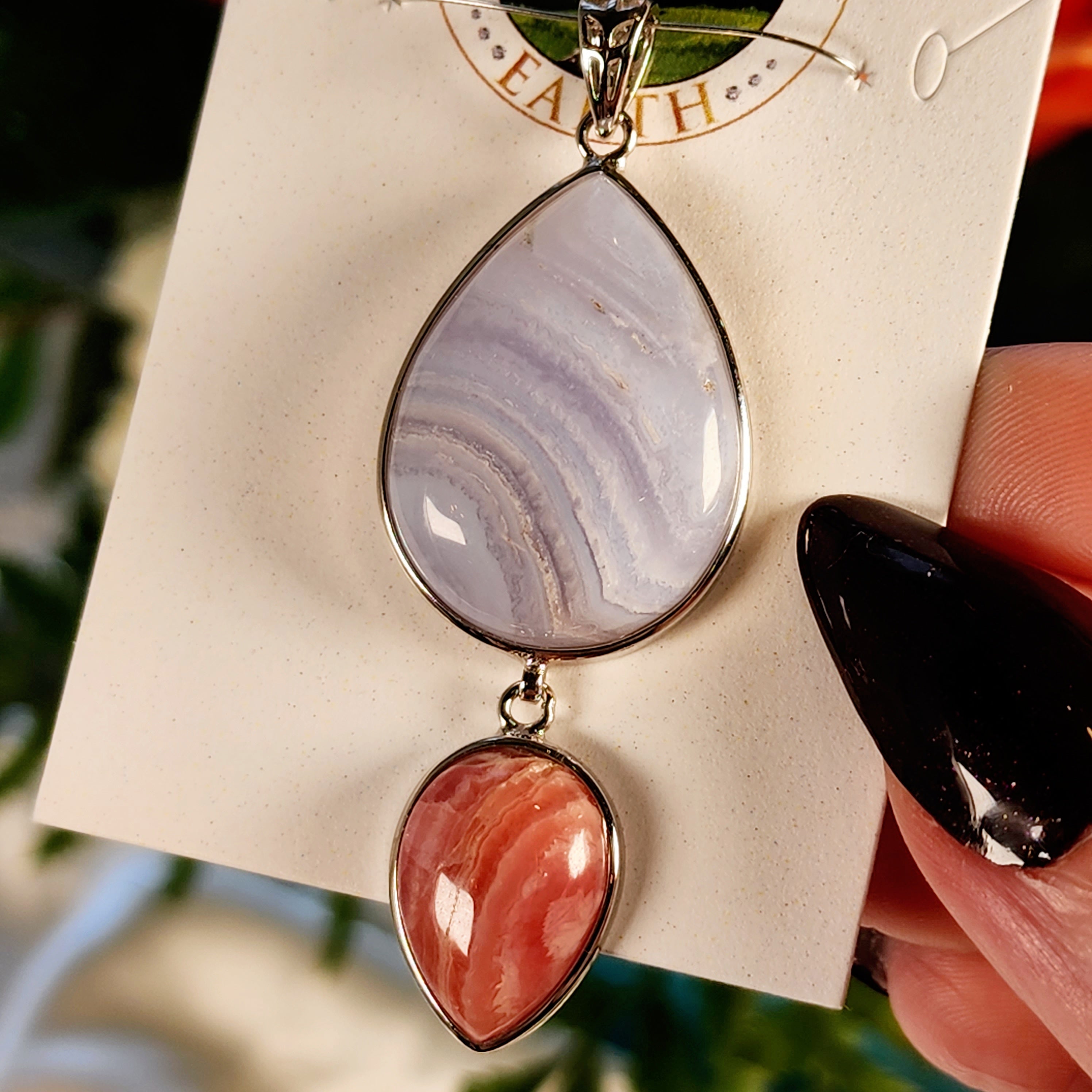 Blue Lace Agate x Rhodochrosite Pendant .925 Silver for Loving and Honest Communication