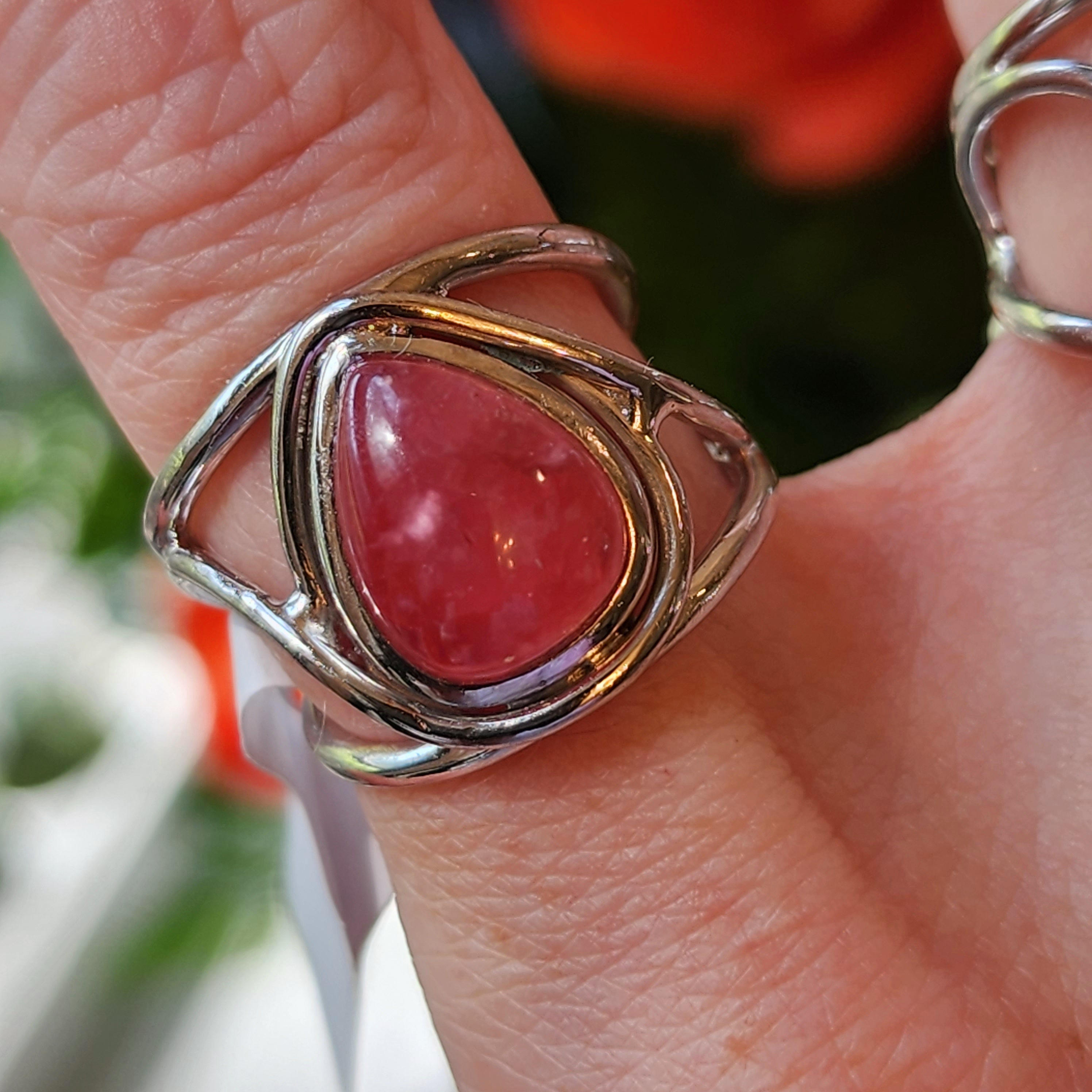 Gel Rhodochrosite Finger Cuff Adjustable Ring .925 Silver for Emotional Healing, Loving Yourself and Following your Heart