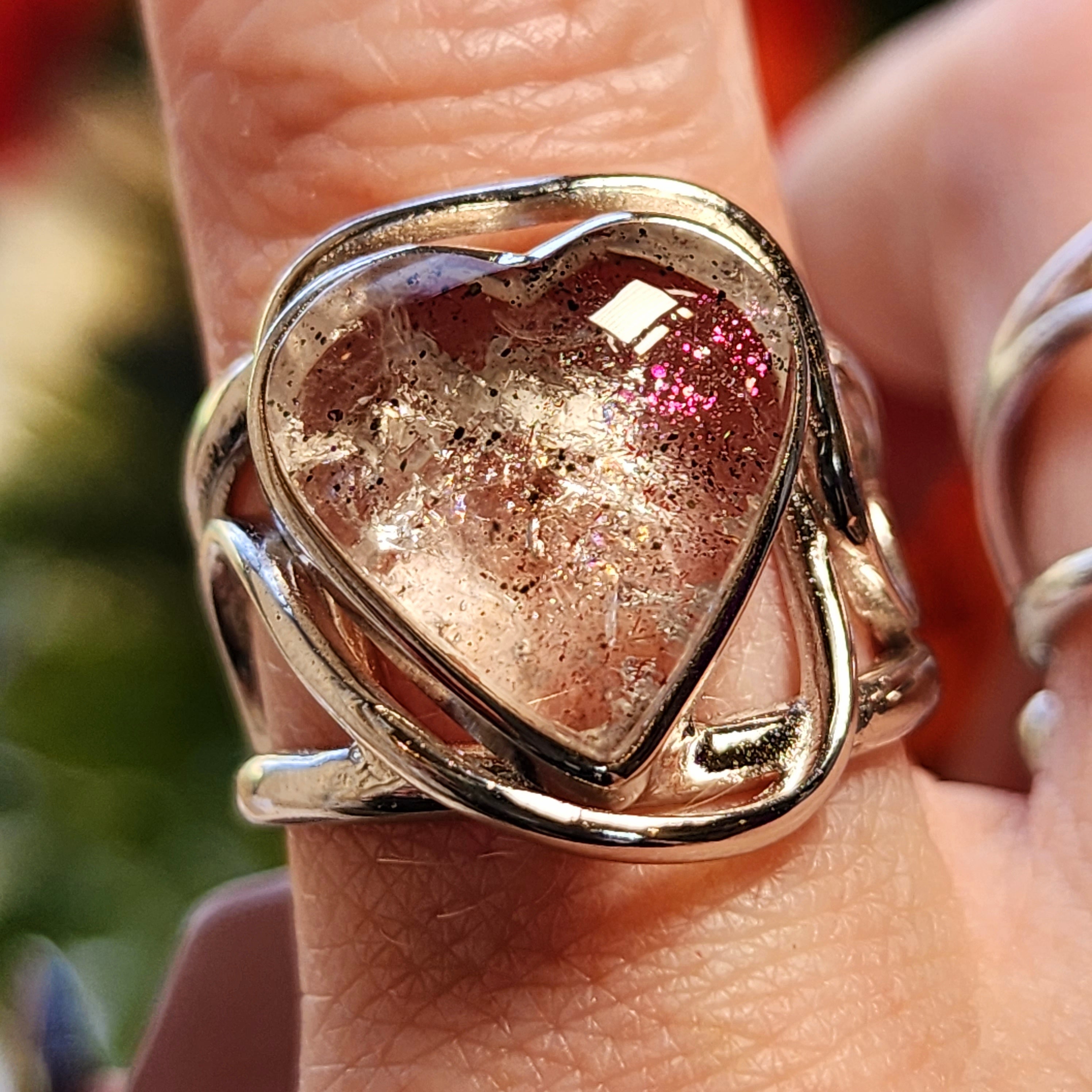 Pink Fire Covellite in Quartz Heart Finger Cuff Adjustable Ring .925 Silver for Manifesting, Enhanced Flow of Energy and Spiritual Transformation