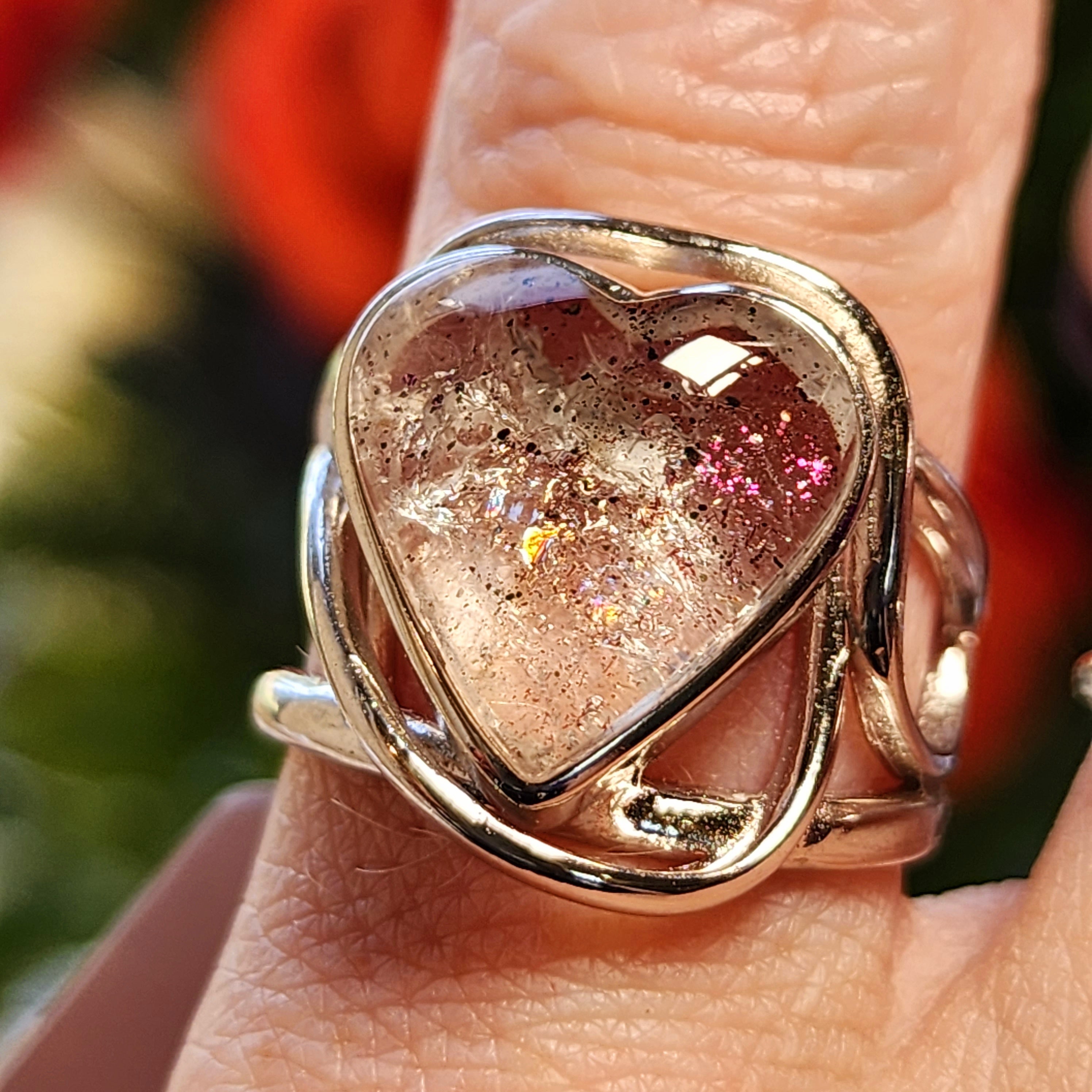 Pink Fire Covellite in Quartz Heart Finger Cuff Adjustable Ring .925 Silver for Manifesting, Enhanced Flow of Energy and Spiritual Transformation