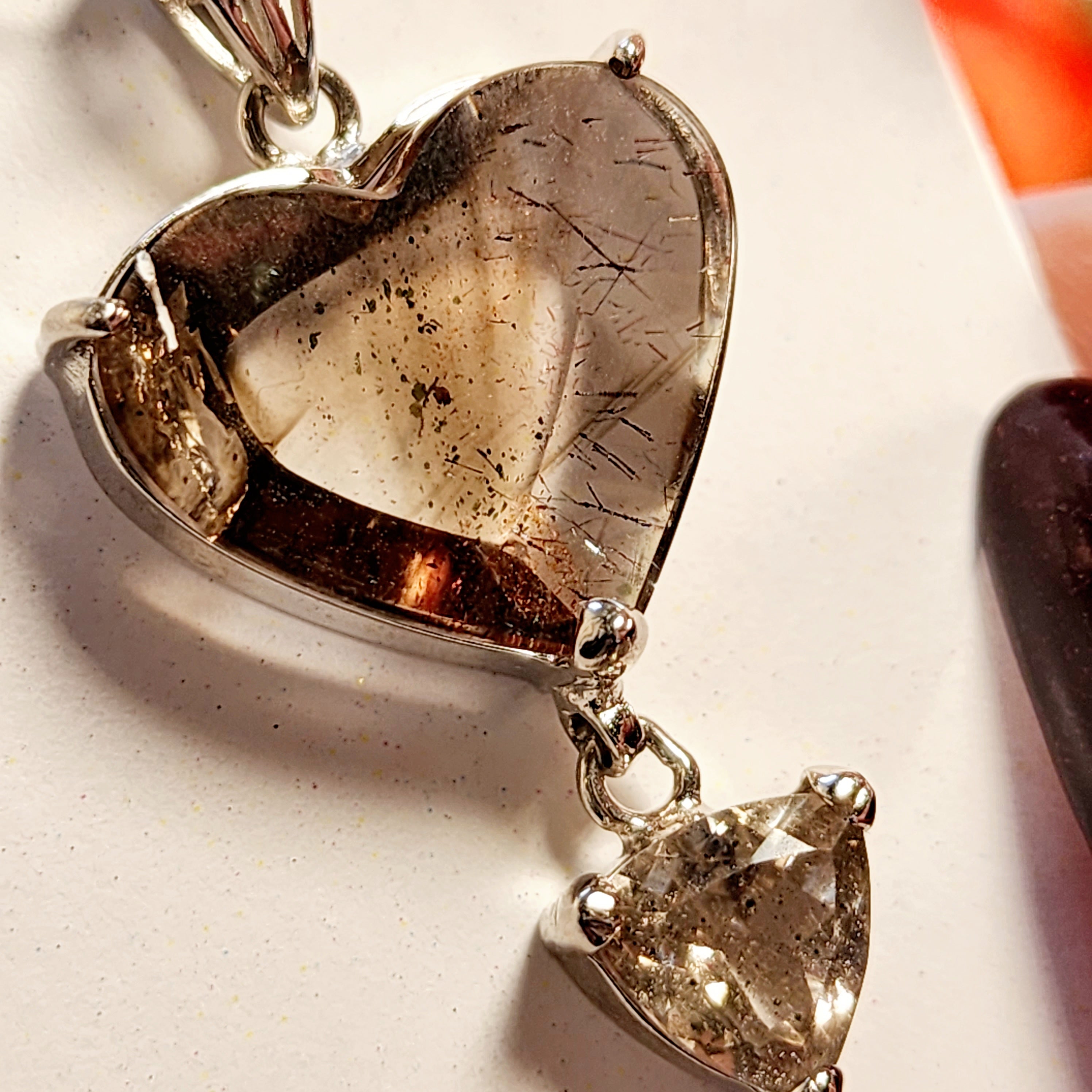 Pink Fire Covellite in Quartz Heart Double Pendant .925 Silver for Spiritual Evolution and Energy Flow