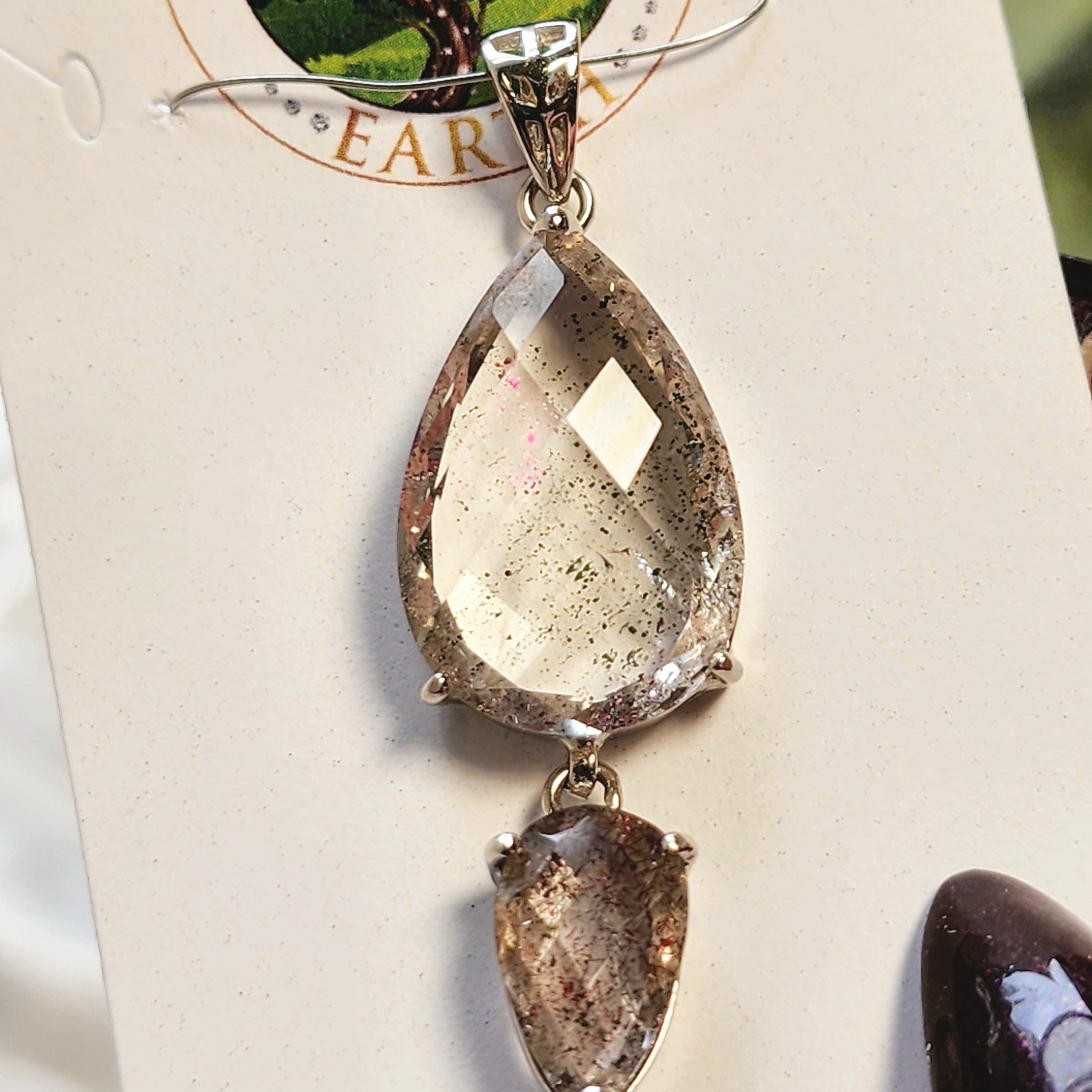 Pink Fire Covellite in Quartz Double Pendant .925 Silver for Spiritual Evolution and Energy Flow