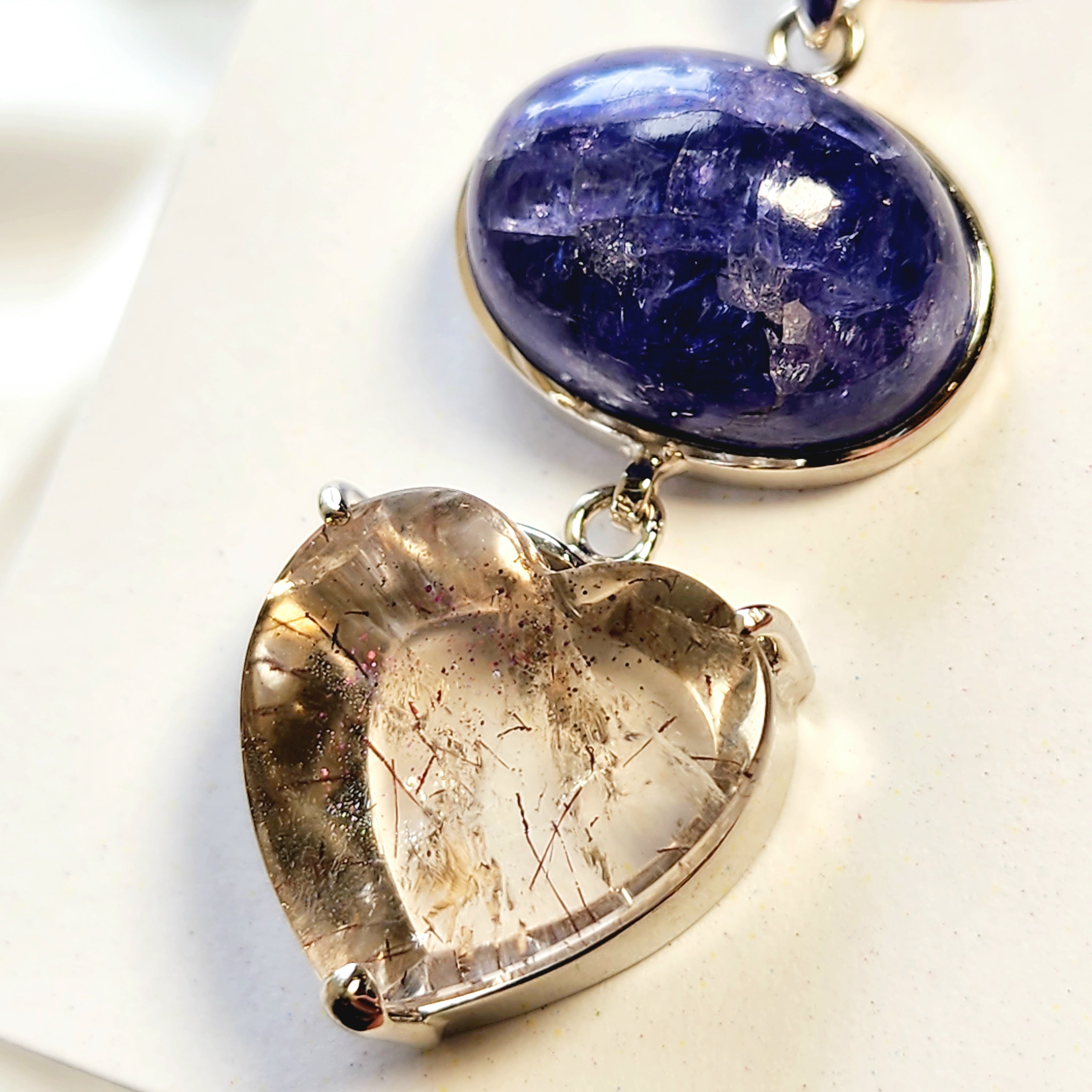 Pink Fire Covellite in Quartz Heart Double Pendant .925 Silver for Spiritual Evolution and Energy Flow