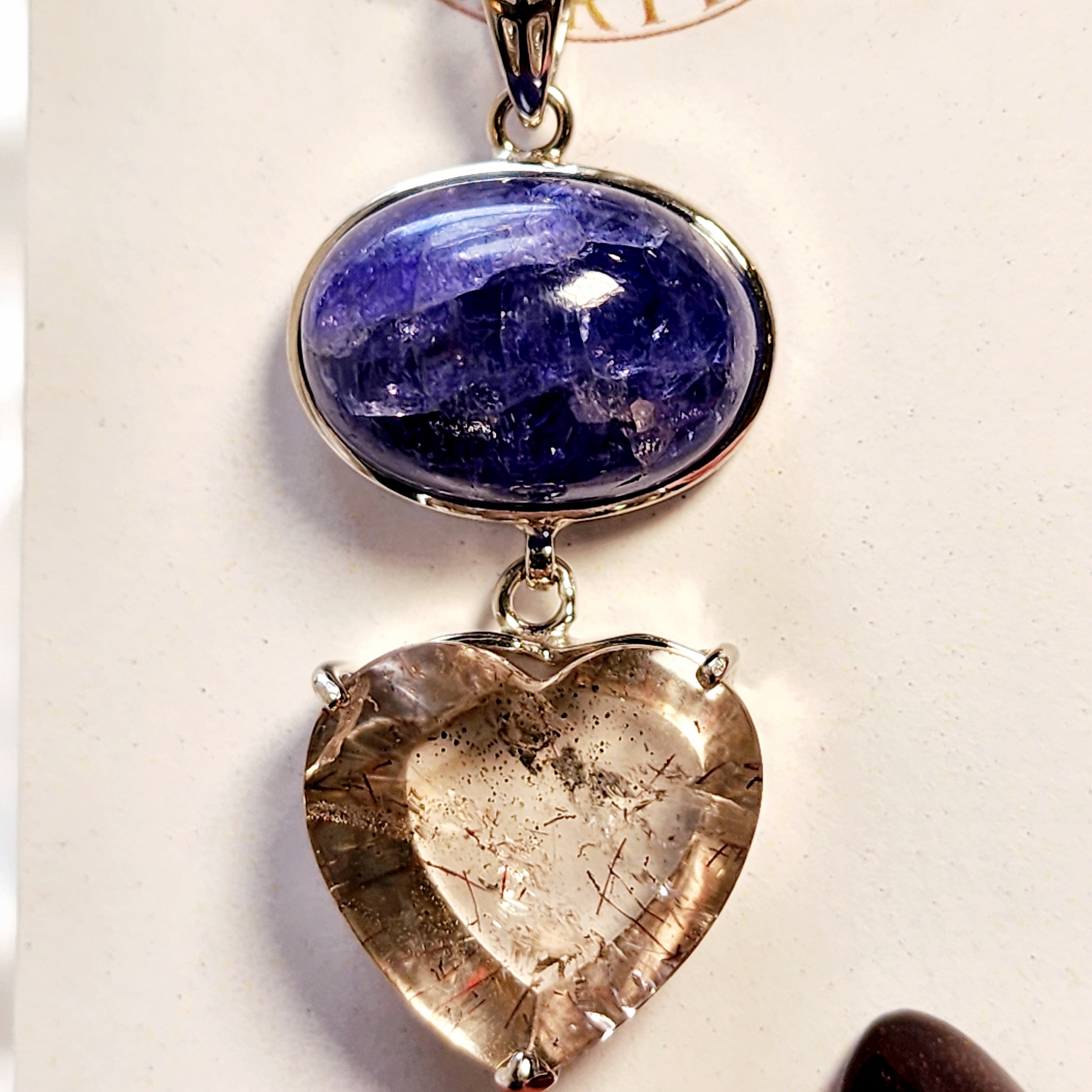 Pink Fire Covellite in Quartz Heart Double Pendant .925 Silver for Spiritual Evolution and Energy Flow