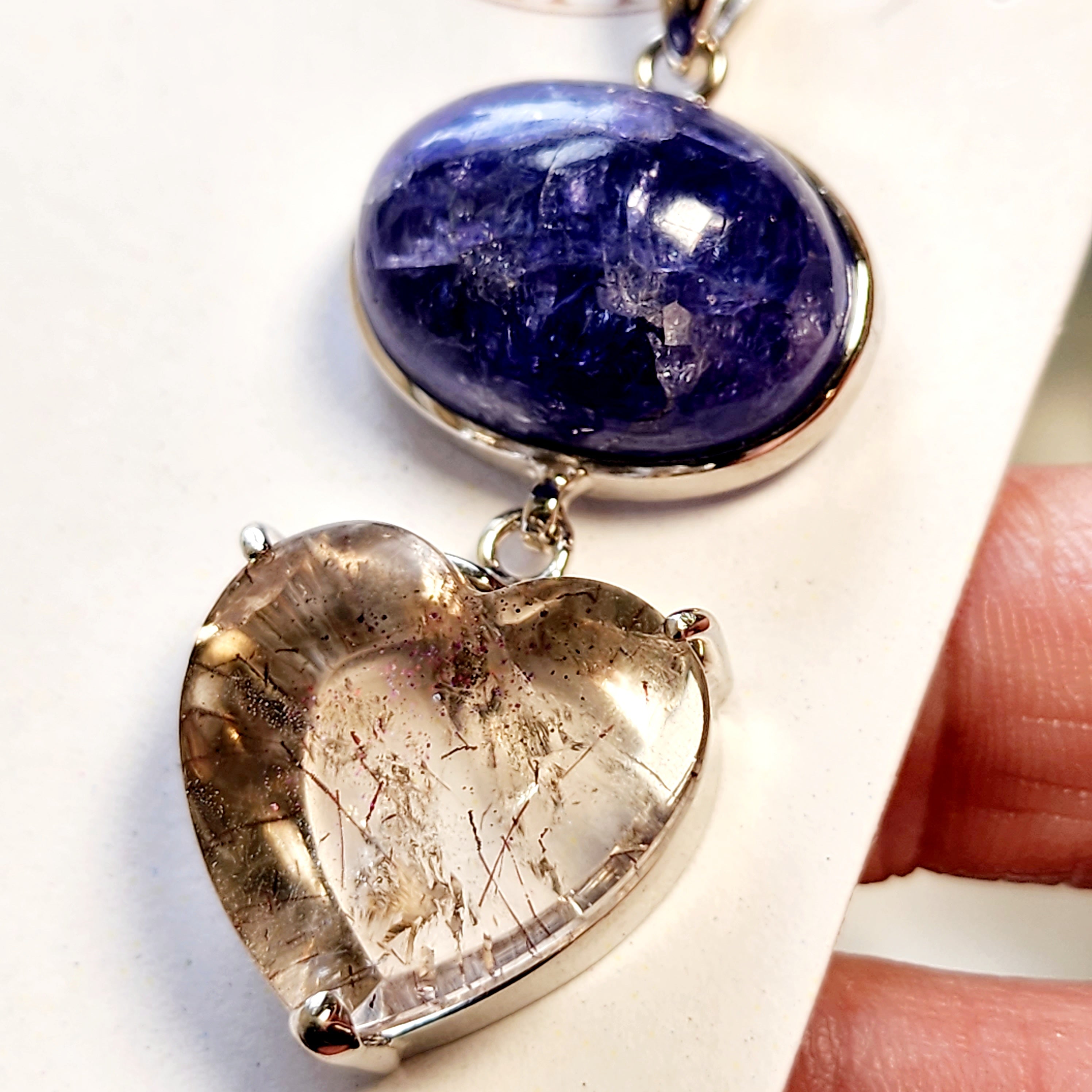 Pink Fire Covellite in Quartz Heart Double Pendant .925 Silver for Spiritual Evolution and Energy Flow