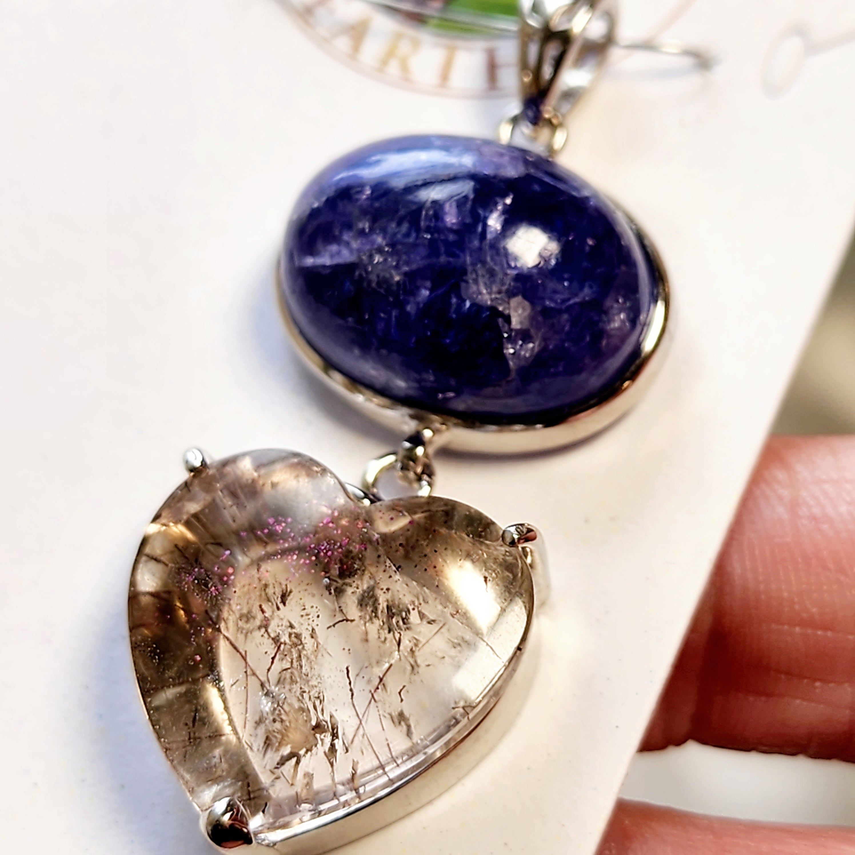 Pink Fire Covellite in Quartz Heart Double Pendant .925 Silver for Spiritual Evolution and Energy Flow