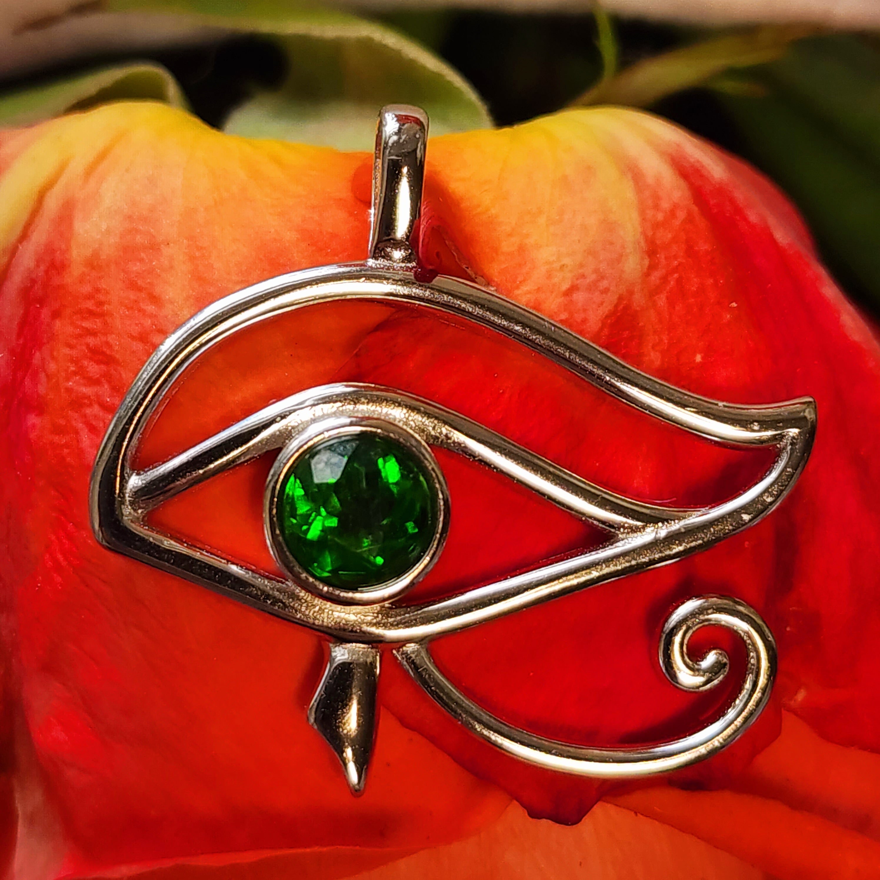 Chrome Diopside Eye of Horus Amulet Pendant .925 Silver for Abundance, Chakra Alignment and Overall Health