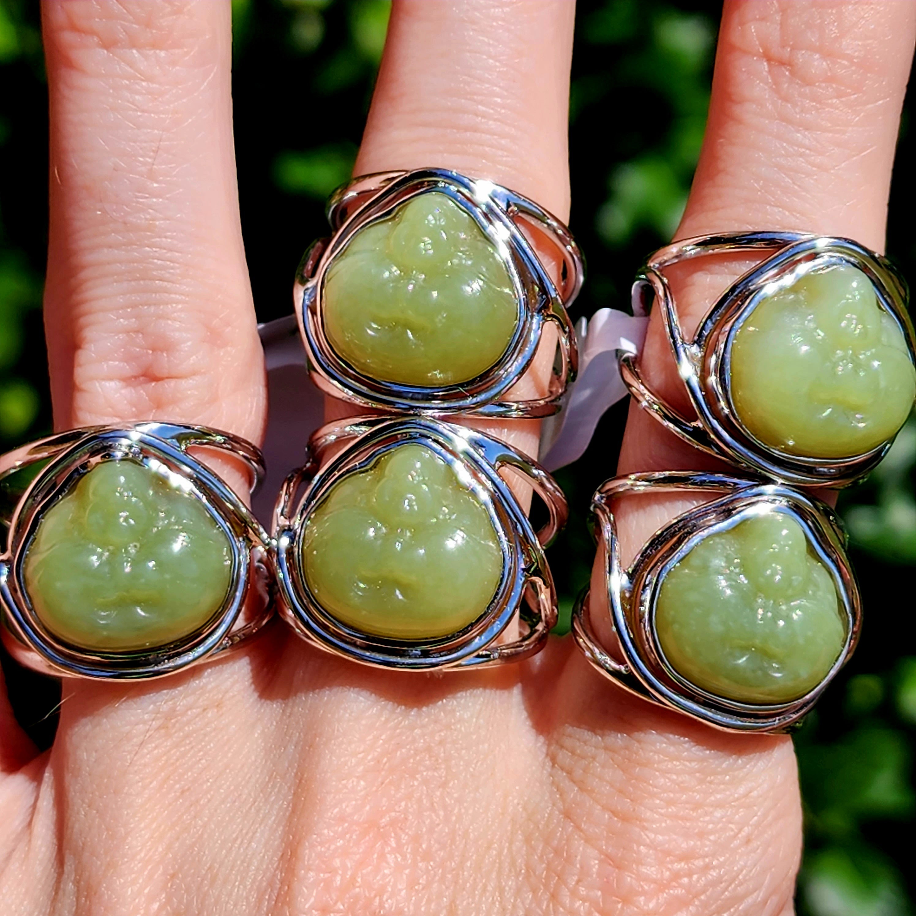 Jade Laughing Buddha Finger Cuff Adjustable Ring .925 Silver for Abundance, Good Luck, Joy and Protection
