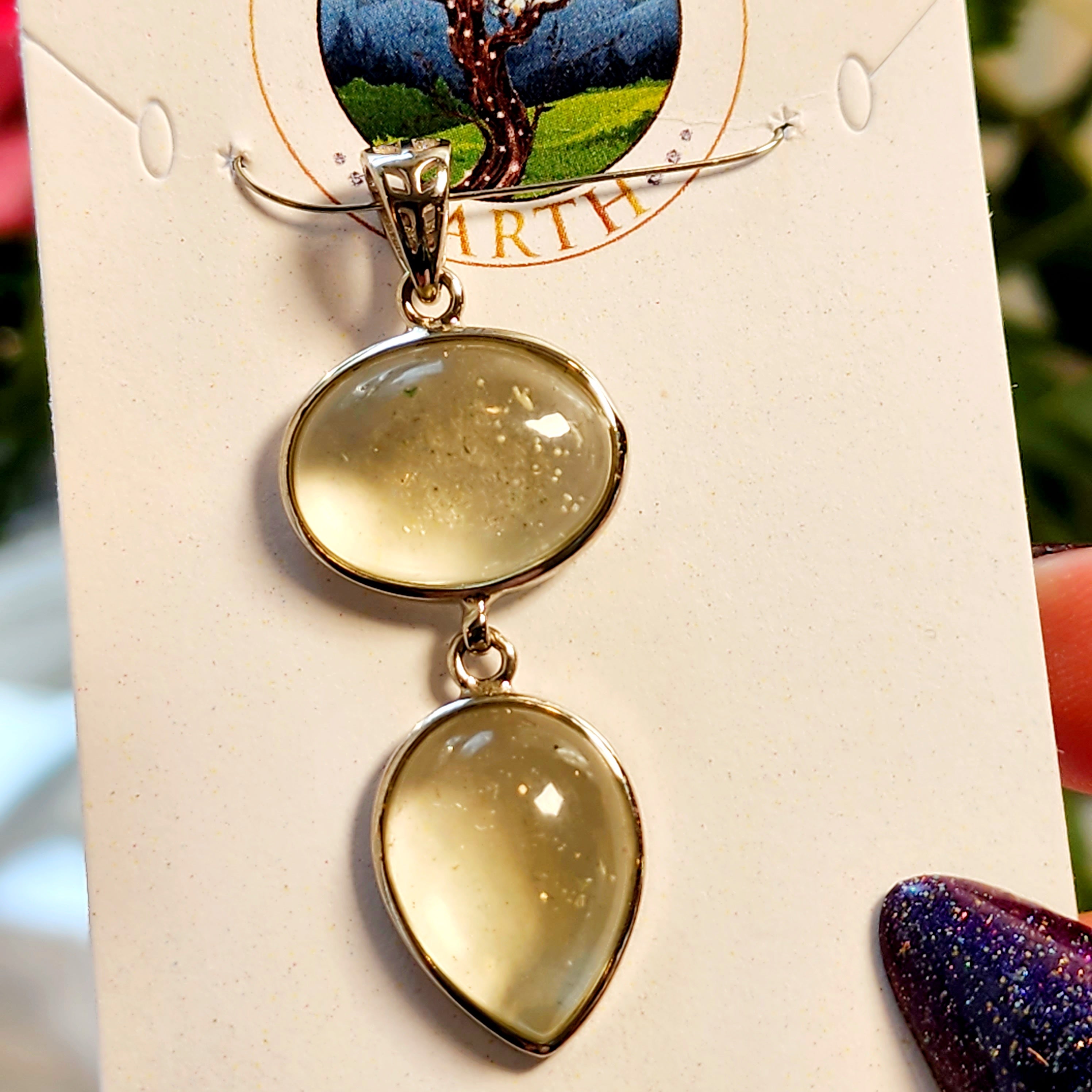 Libyan Desert Glass Double Pendant .925 Silver for Confidence, Manifesting and Personal Power