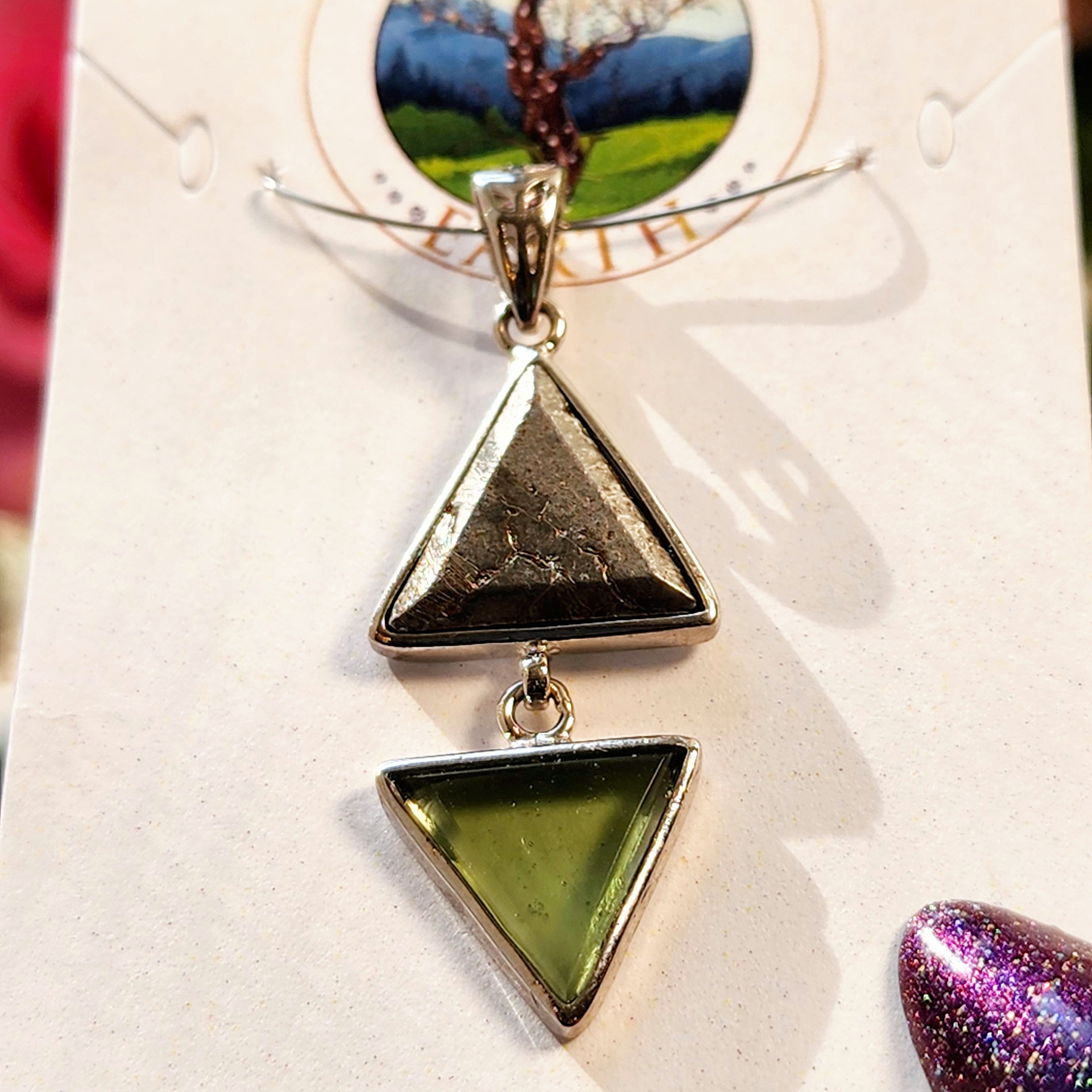 Moldavite & Meteorite Triangle Manifestation Pendant .925 Silver for Manifesting your Desires and Powerful Transformation