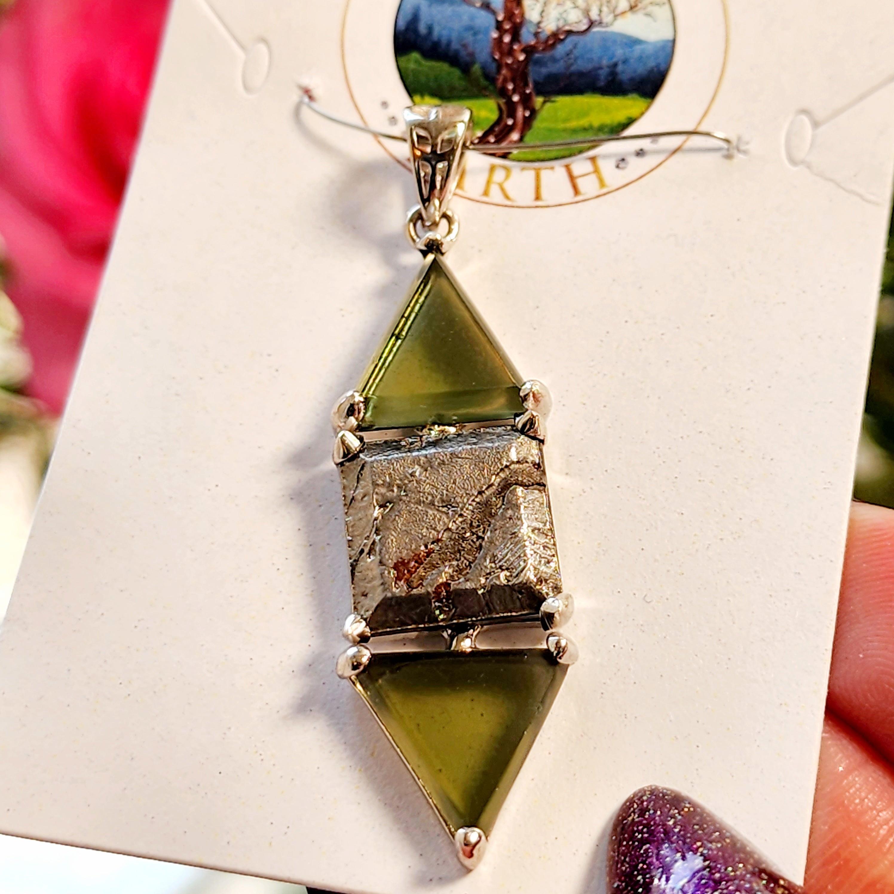 Moldavite & Meteorite Triangle Vortex Manifestation Wand Pendant .925 Silver for Manifesting your Desires and Powerful Transformation