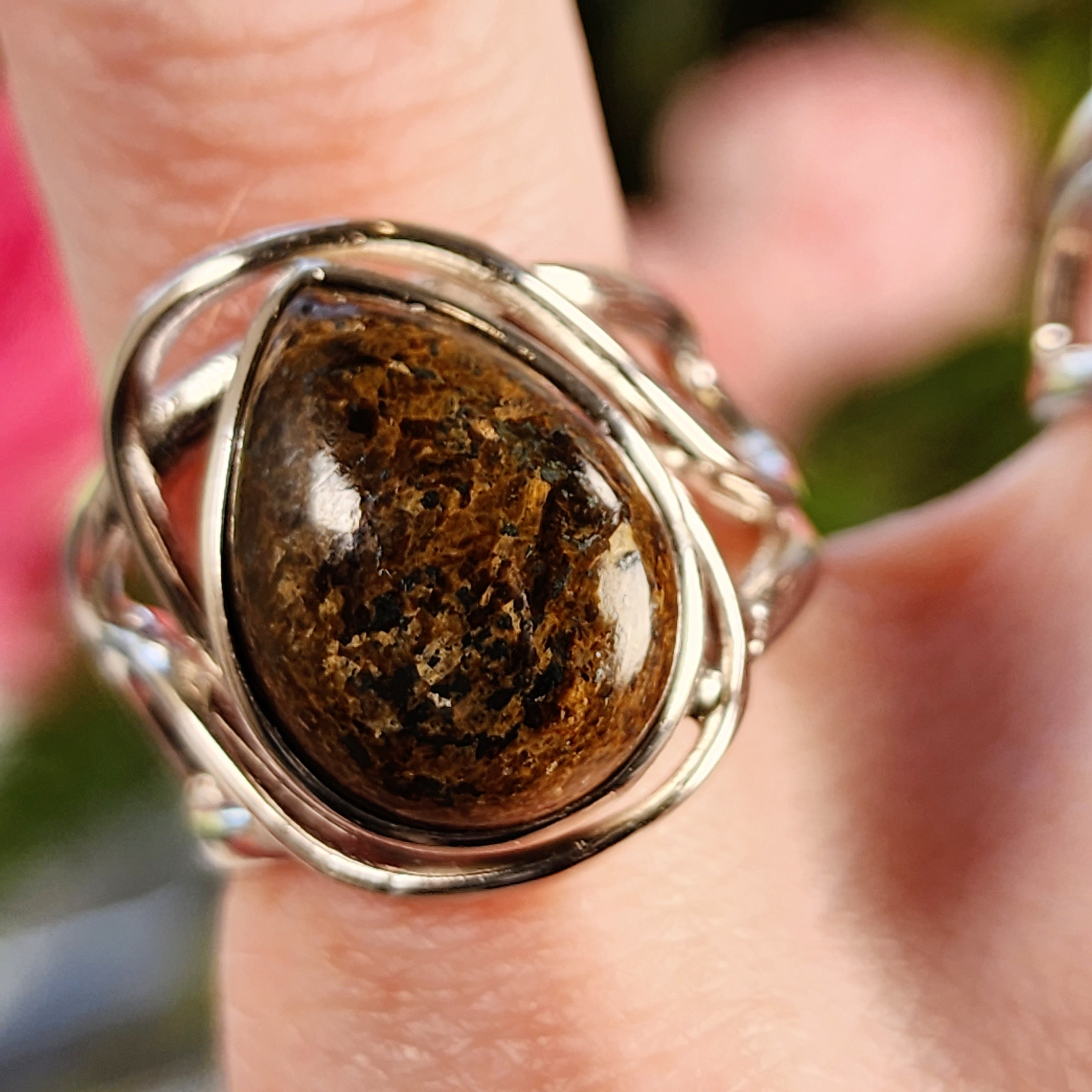 Bronzite Finger Cuff Adjustable Ring .925 Sterling Silver for Achieving Success, Manifestation and Justice