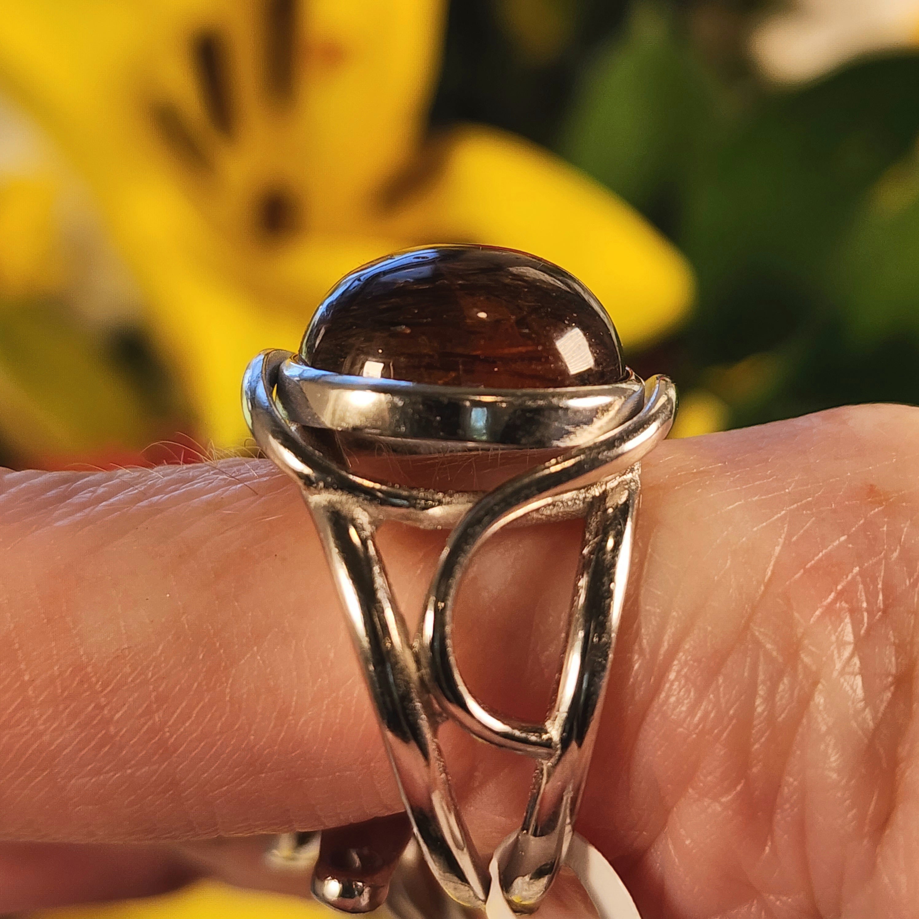 Smoky Quartz with Copper Rutile Finger Cuff Adjustable Ring .925 Silver for Energetic Cleansing, Accelerated Manifestations and Protection