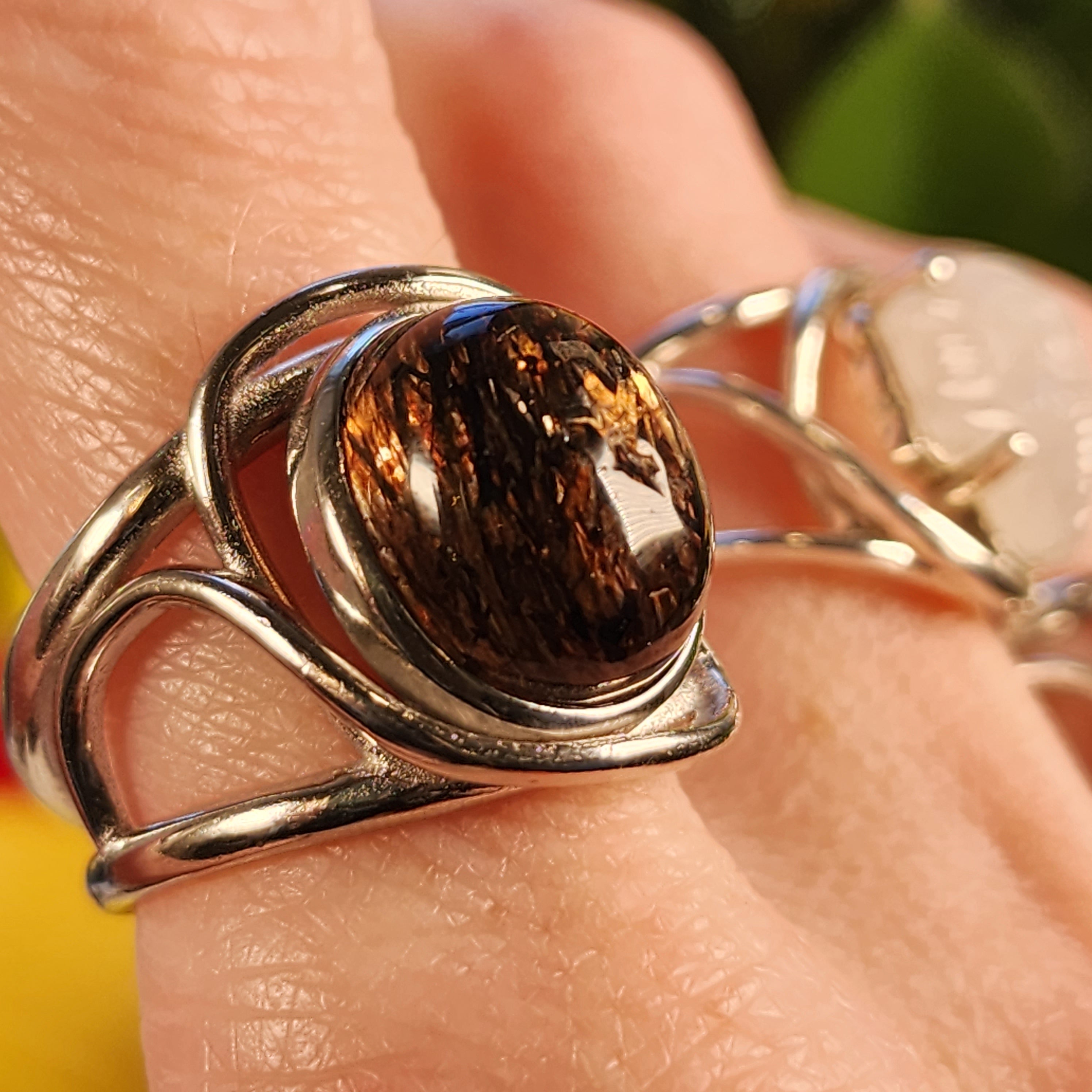 Smoky Quartz with Copper Rutile Finger Cuff Adjustable Ring .925 Silver for Energetic Cleansing, Accelerated Manifestations and Protection